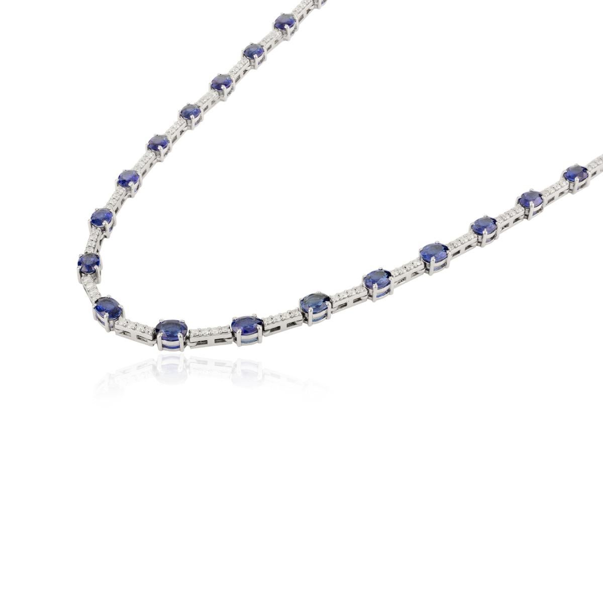 Art Deco Certified 9.9Ct. Natural Blue Sapphire Diamond Tennis Necklace in 14k White Gold For Sale