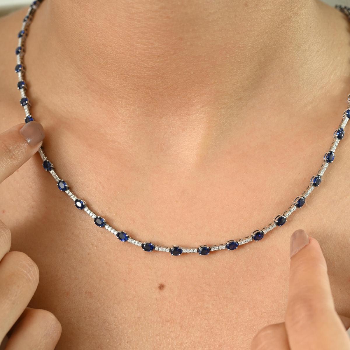 Oval Cut Certified 9.9Ct. Natural Blue Sapphire Diamond Tennis Necklace in 14k White Gold For Sale