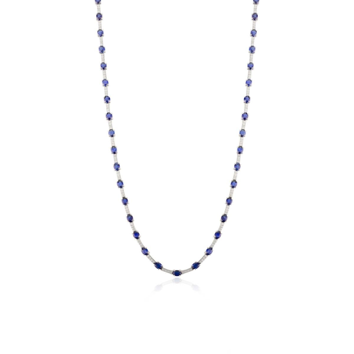 Certified 9.9Ct. Natural Blue Sapphire Diamond Tennis Necklace in 14k White Gold In New Condition For Sale In New York, NY