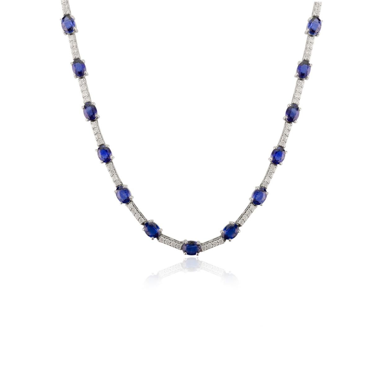 Certified 9.9Ct. Natural Blue Sapphire Diamond Tennis Necklace in 14k White Gold For Sale 1