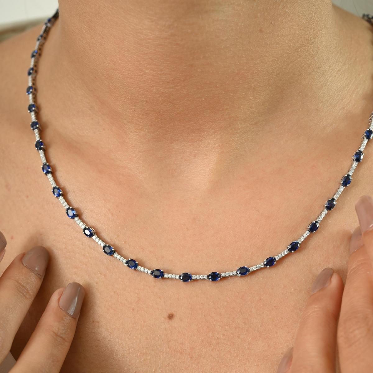 Certified 9.9Ct. Natural Blue Sapphire Diamond Tennis Necklace in 14k White Gold For Sale 2