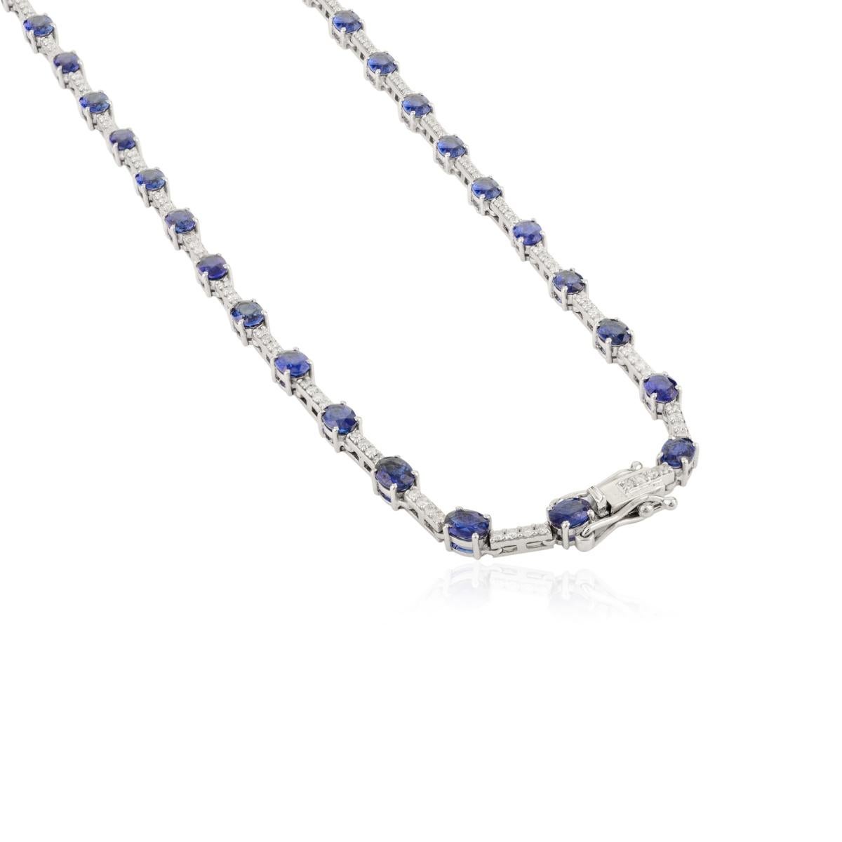Certified 9.9Ct. Natural Blue Sapphire Diamond Tennis Necklace in 14k White Gold For Sale 3