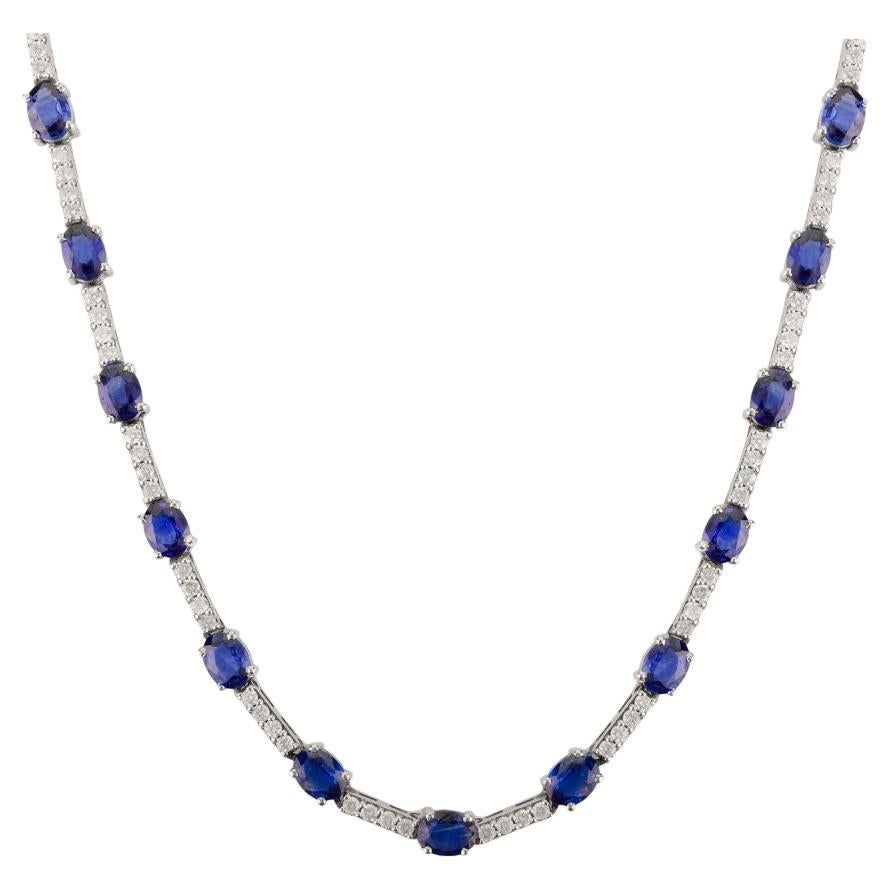 Certified 9.9Ct. Natural Blue Sapphire Diamond Tennis Necklace in 14k White Gold