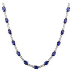 Certified 9.9Ct. Natural Blue Sapphire Diamond Tennis Necklace in 14k White Gold