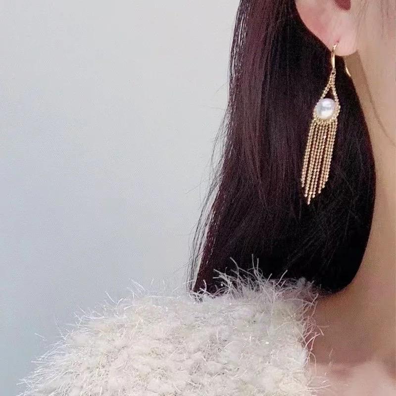 Pendientes de borla de perla Akoya de Japón certificada grado AAAA con oro de 18 quilates y diamante en venta 5