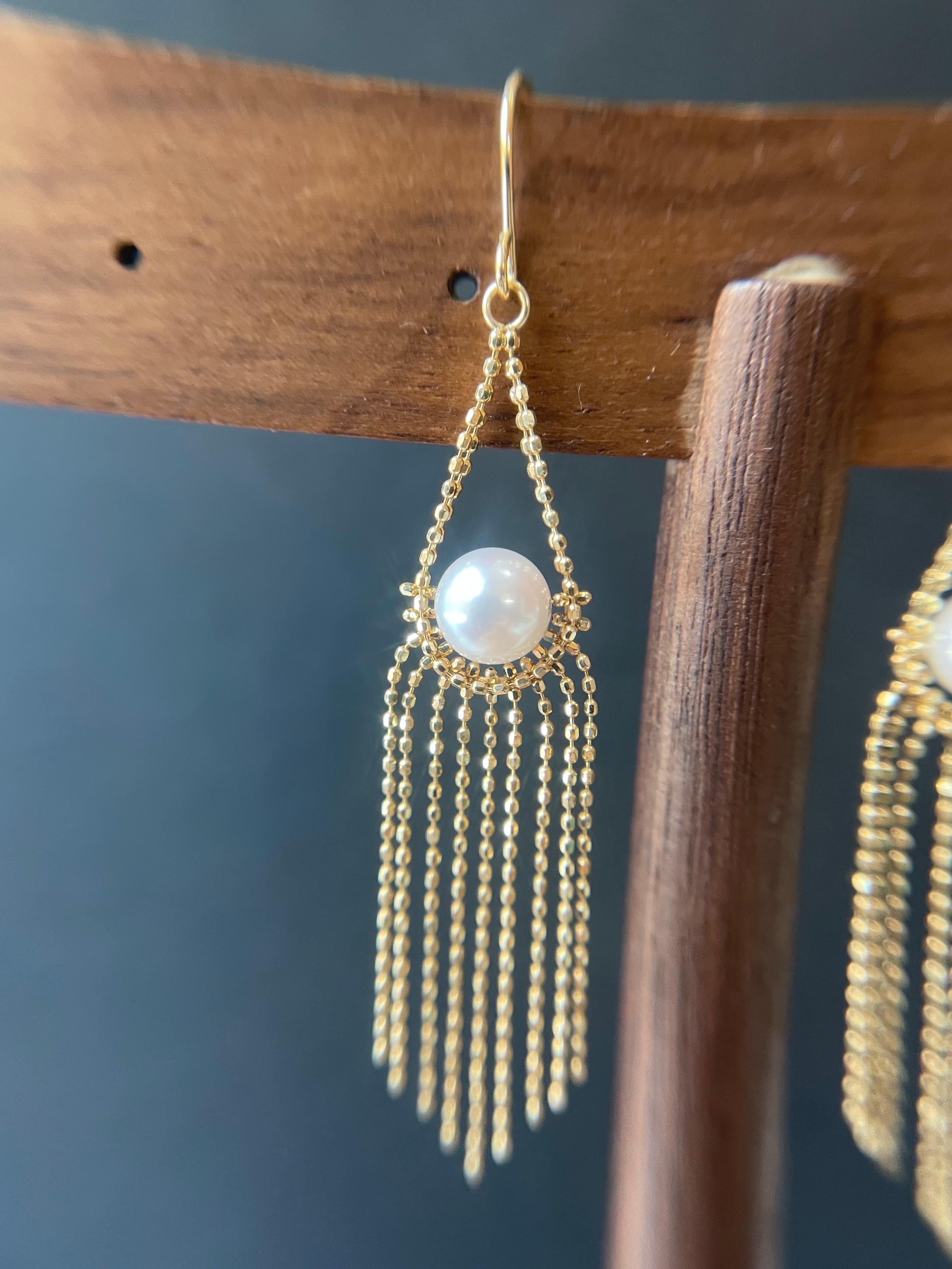 Pendientes de borla de perla Akoya de Japón certificada grado AAAA con oro de 18 quilates y diamante Corte redondo en venta