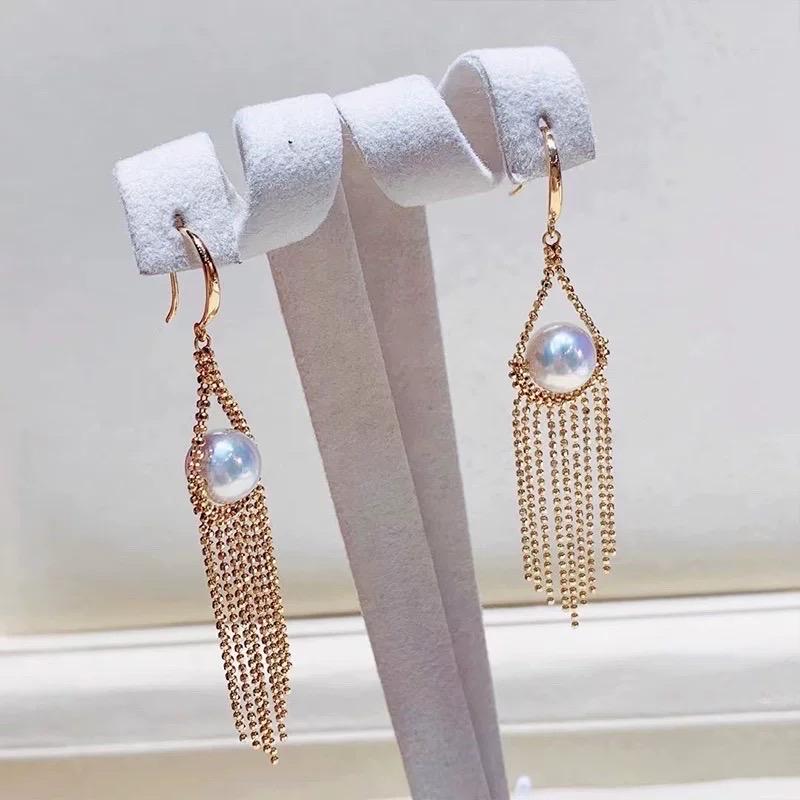 Pendientes de borla de perla Akoya de Japón certificada grado AAAA con oro de 18 quilates y diamante en venta 3