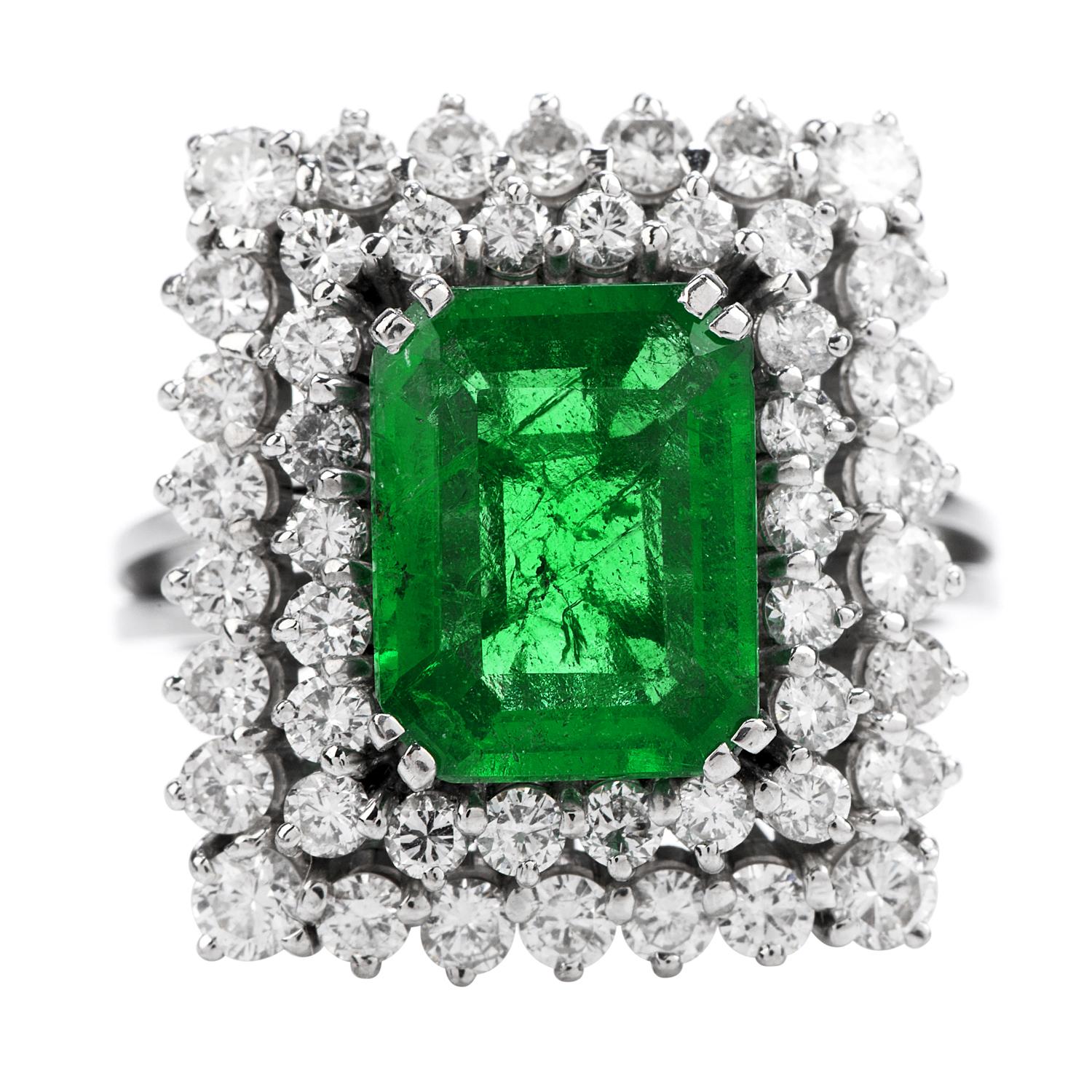 This Art Deco Inspired Design, Rectangular Shaped Cocktail Ring,

has the perfect balance between sparkle and Deep color!

It is crafted in solid Platinum.

With an AGL Certified Colombian Emerald of 2.48 carats in the center, 

with No treatments