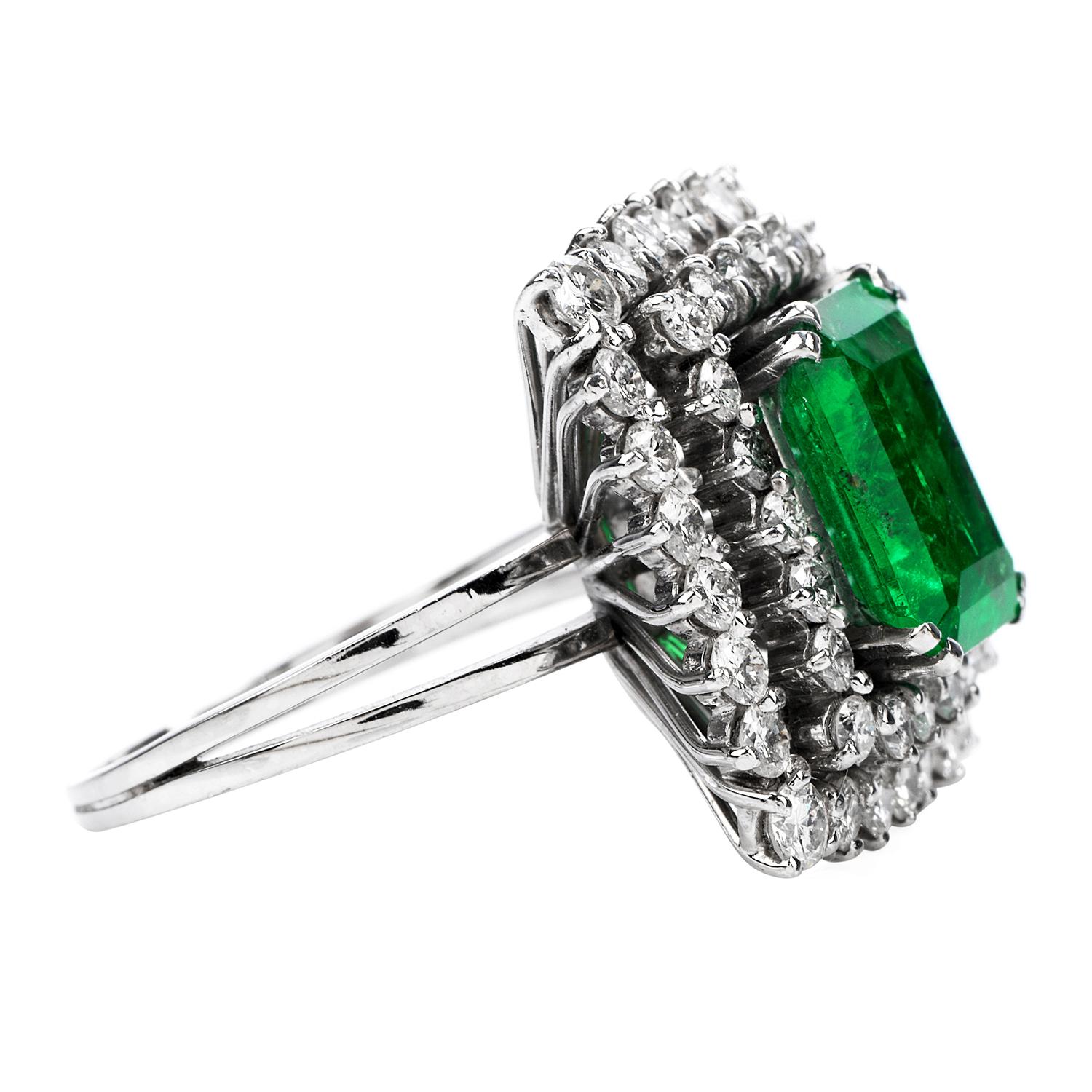 Art Deco Certified AGL 2.48 Carat Colombian Emerald Diamond Platinum Cocktail Ring