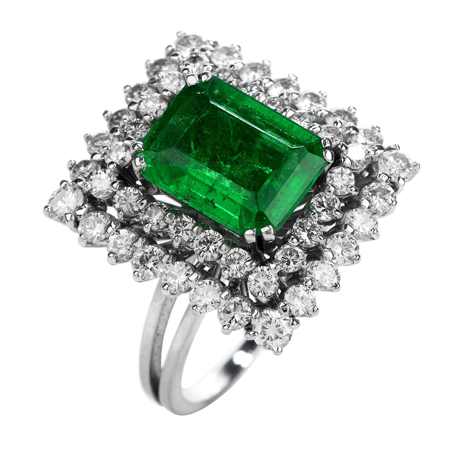 Certified AGL 2.48 Carat Colombian Emerald Diamond Platinum Cocktail Ring In Excellent Condition In Miami, FL