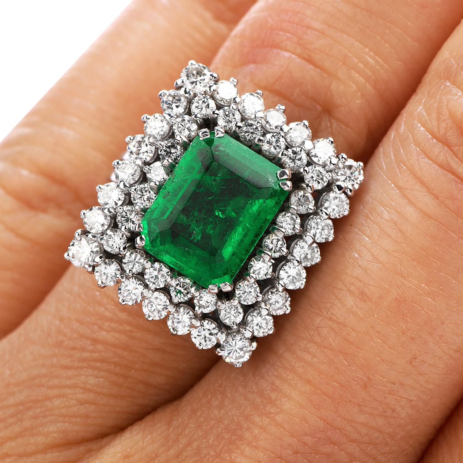 Women's or Men's Certified AGL 2.48 Carat Colombian Emerald Diamond Platinum Cocktail Ring
