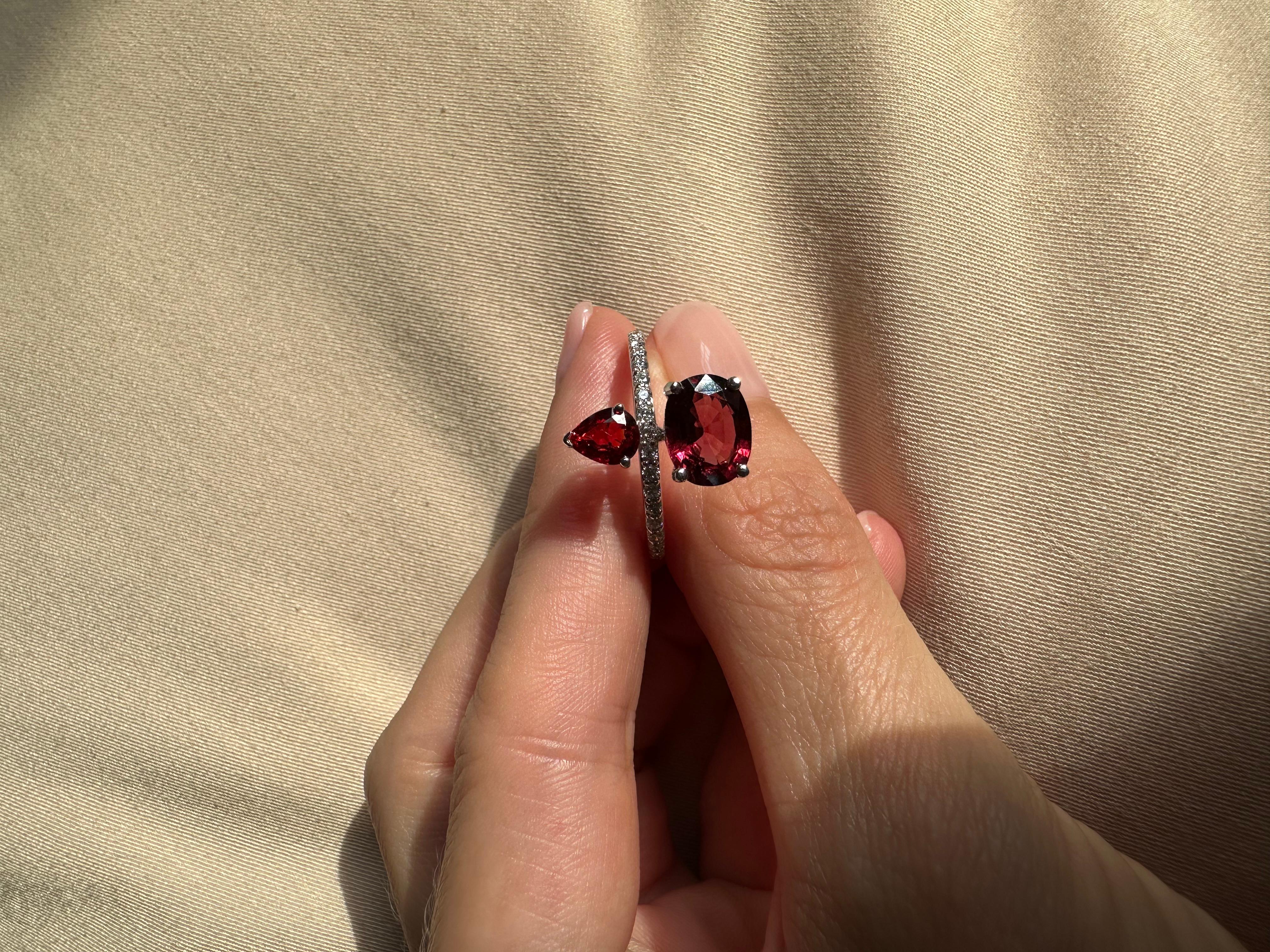 Pear Cut Certified AGL Thai 18K White Gold Ruby and Garnet Double-Stone Cocktail Ring