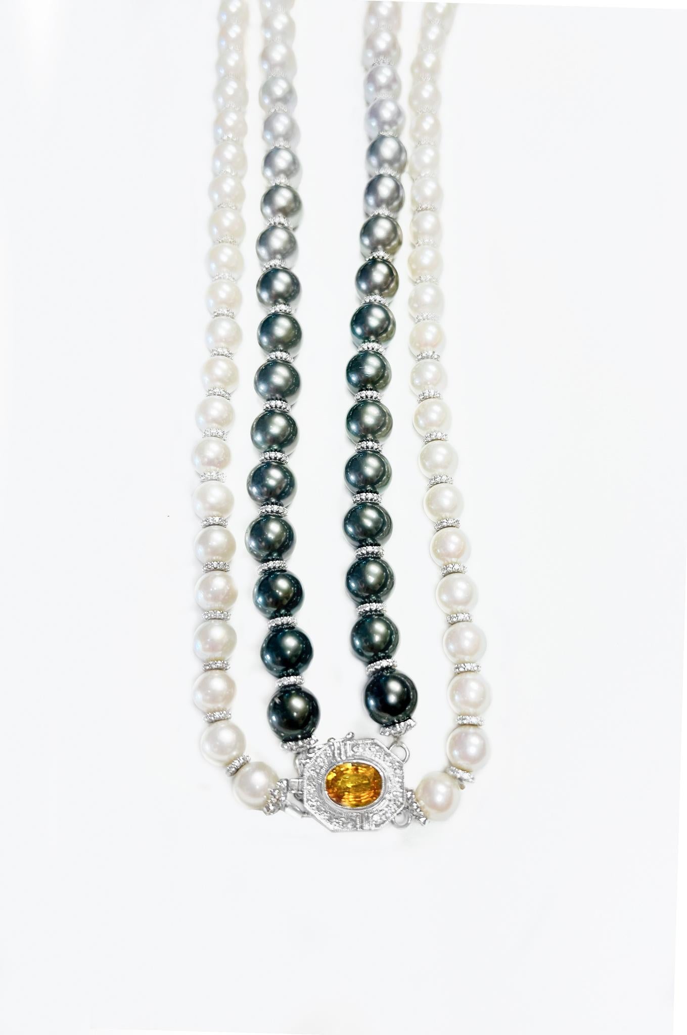 Women's Certified Akoya Pearl Necklace Set with Diamonds and Sapphire For Sale