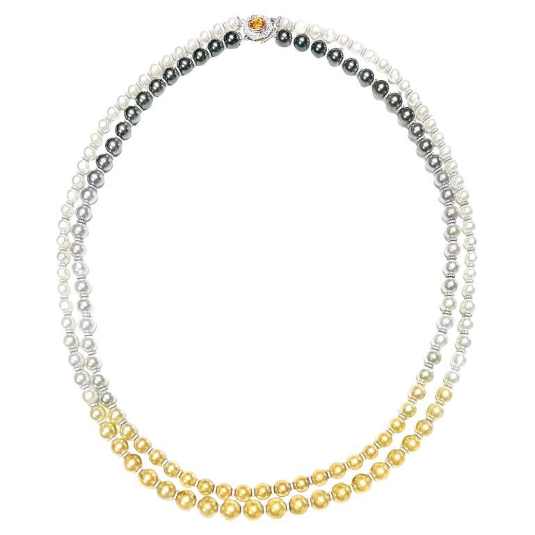 Certified Akoya Pearl Necklace Set with Diamonds and Sapphire For Sale