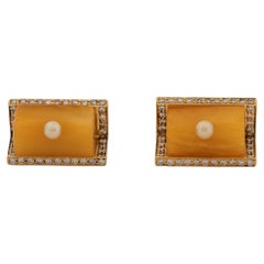 Certified Amber Cufflinks with Diamonds & Natural Bahraini Pearls in 18kt Gold