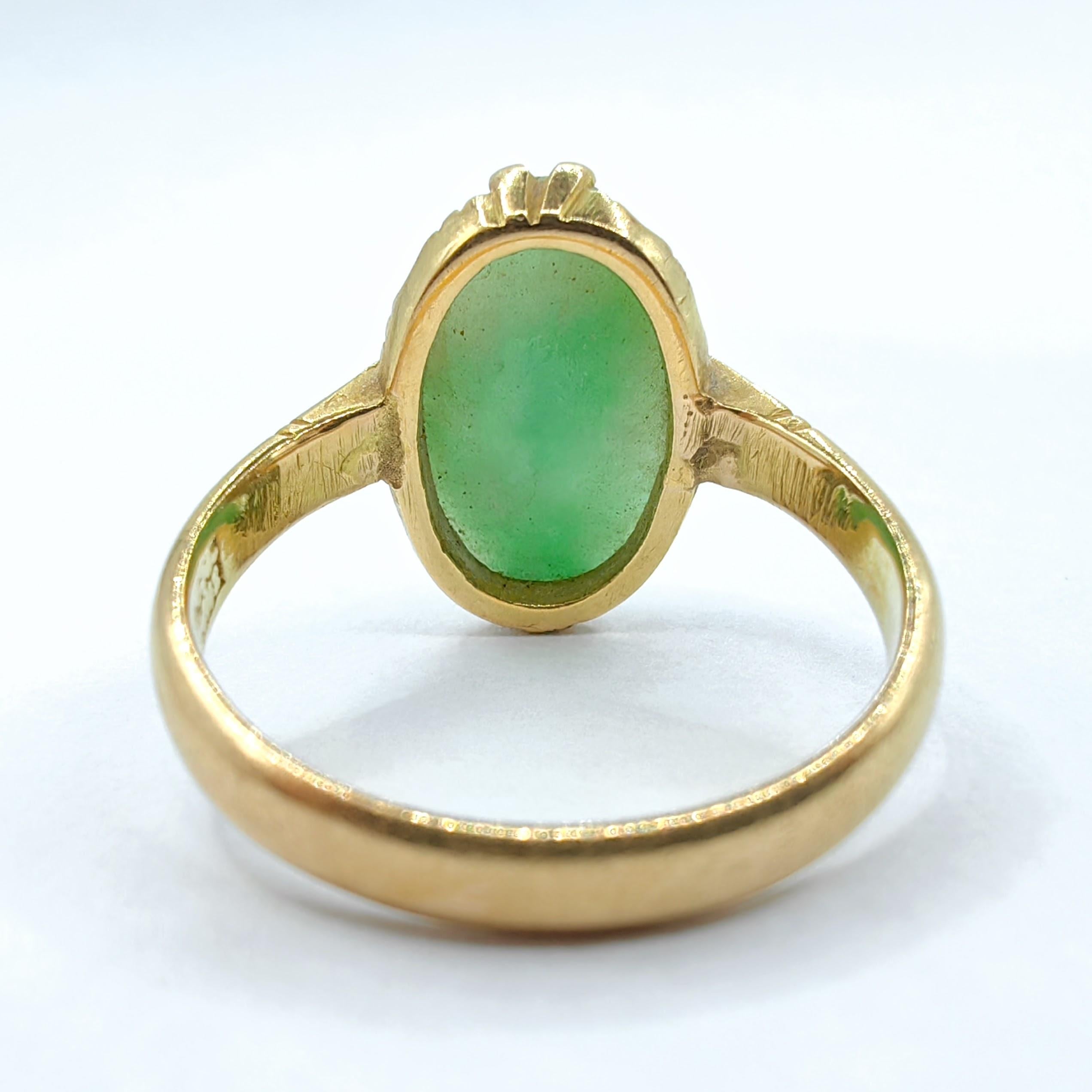 Oval Cut Certified Antique Burmese Green Moss in Snow Oval Jadeite Jade Ring in 18K Gold For Sale