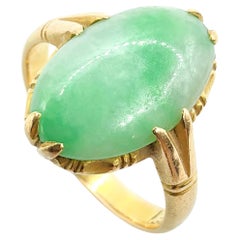 Certified Antique Burmese Green Moss in Snow Oval Jadeite Jade Ring in 18K Gold