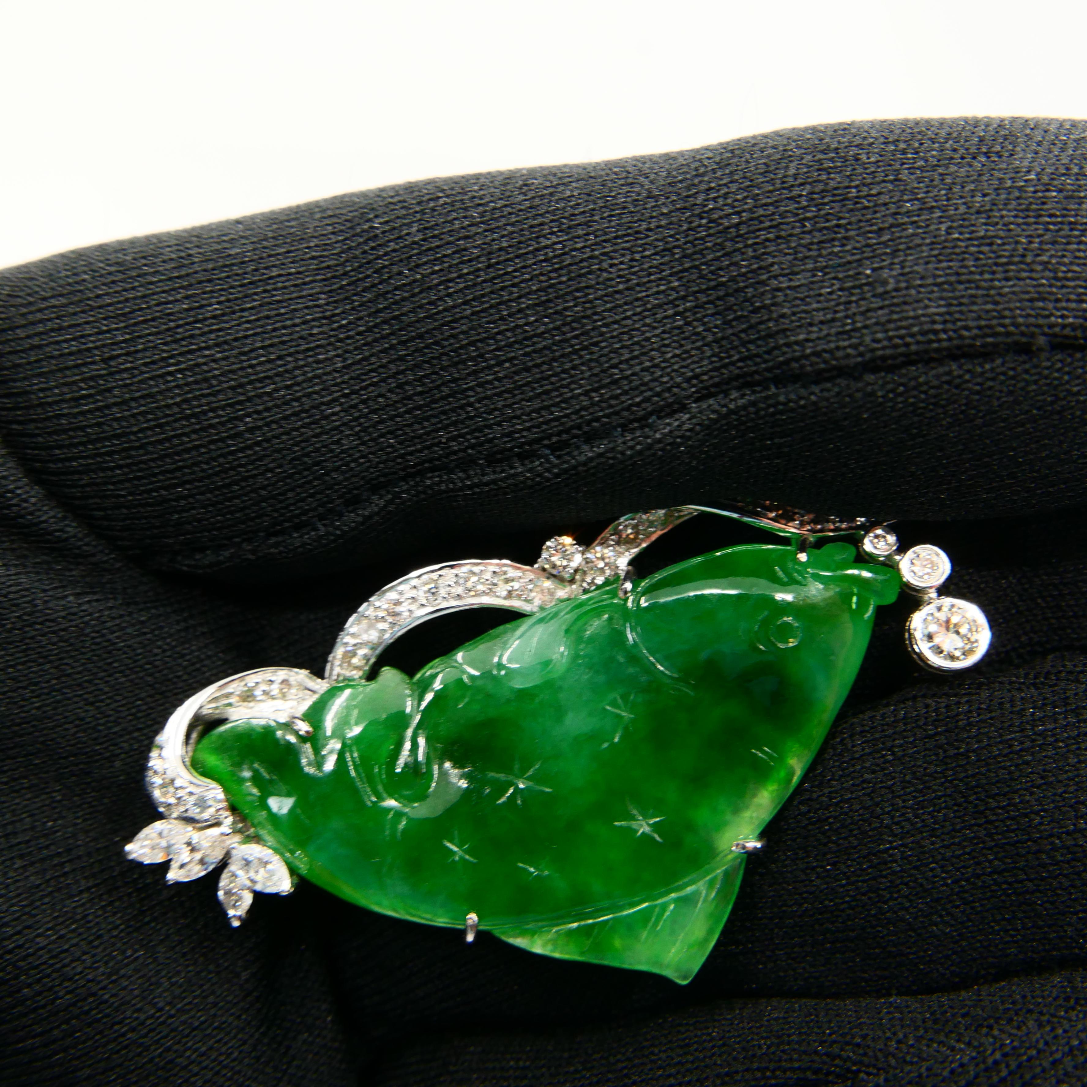 Certified Apple Green Carved Fish Jade & Diamond Brooch, Symbolizes Wealth For Sale 4