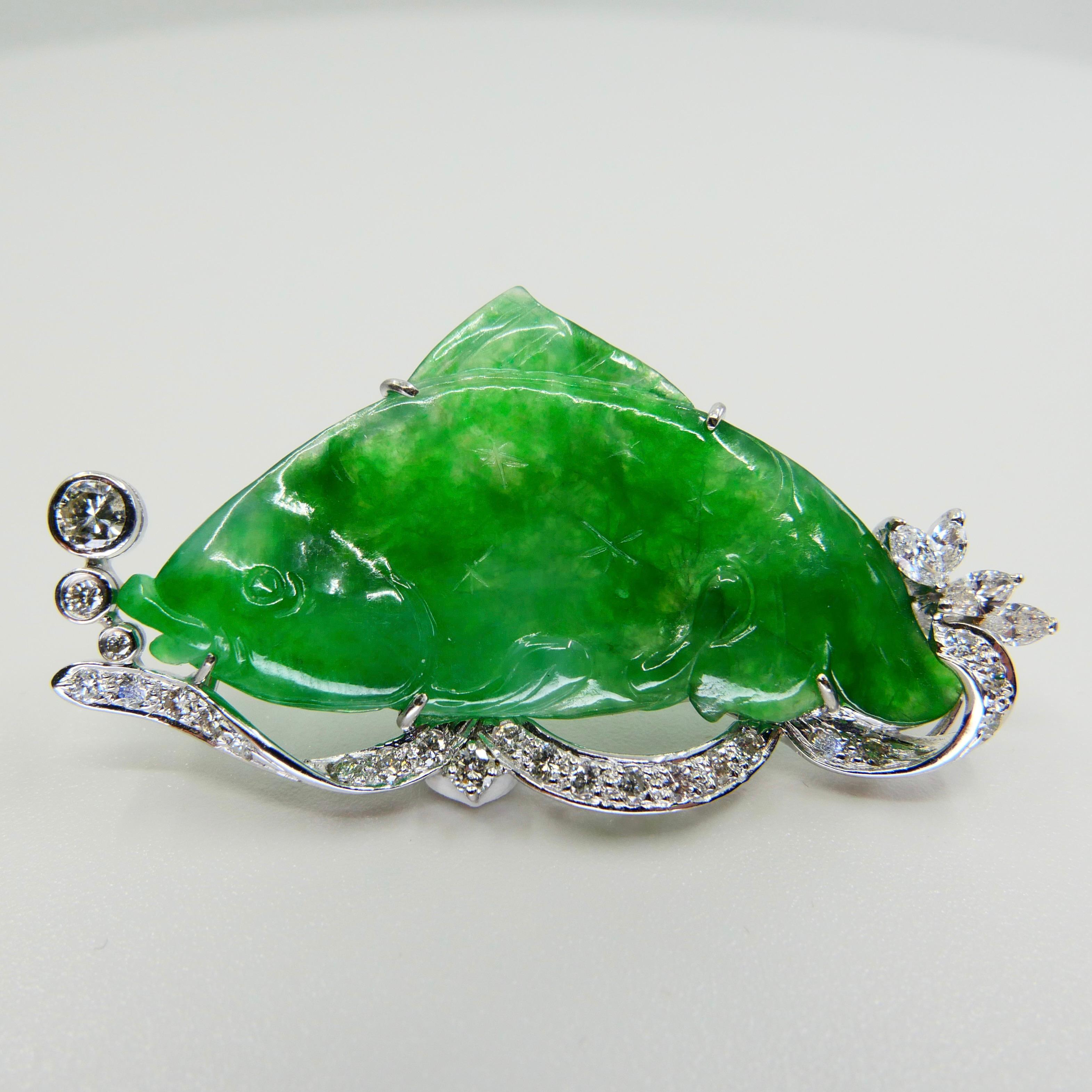 Certified Apple Green Carved Fish Jade & Diamond Brooch, Symbolizes Wealth For Sale 5