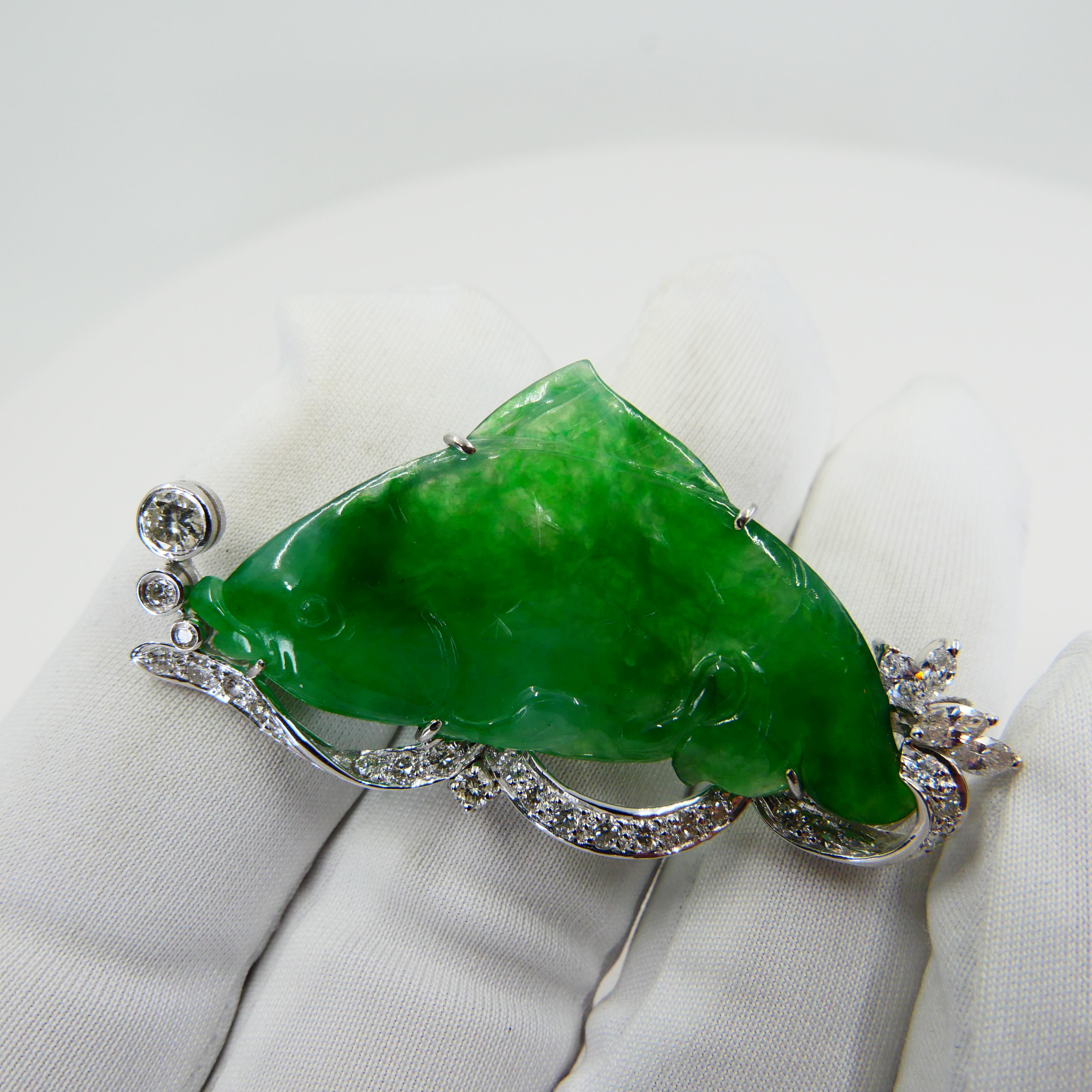 Certified Apple Green Carved Fish Jade & Diamond Brooch, Symbolizes Wealth For Sale 6