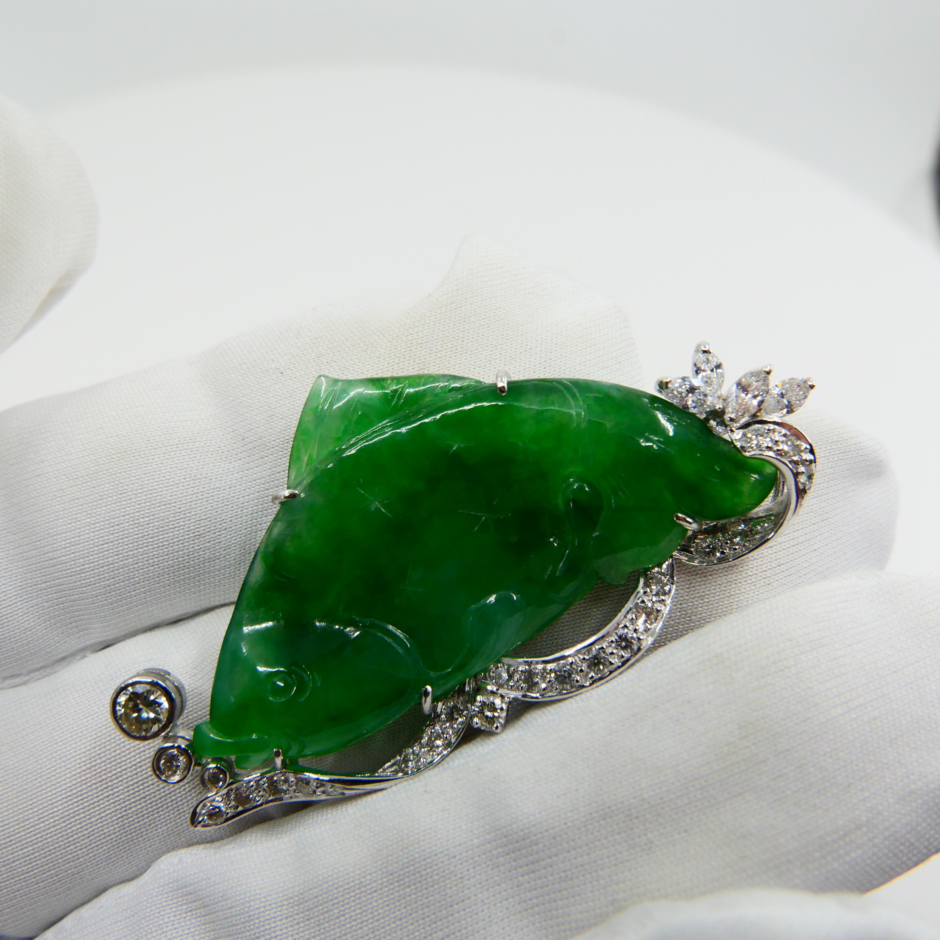 Certified Apple Green Carved Fish Jade & Diamond Brooch, Symbolizes Wealth For Sale 8
