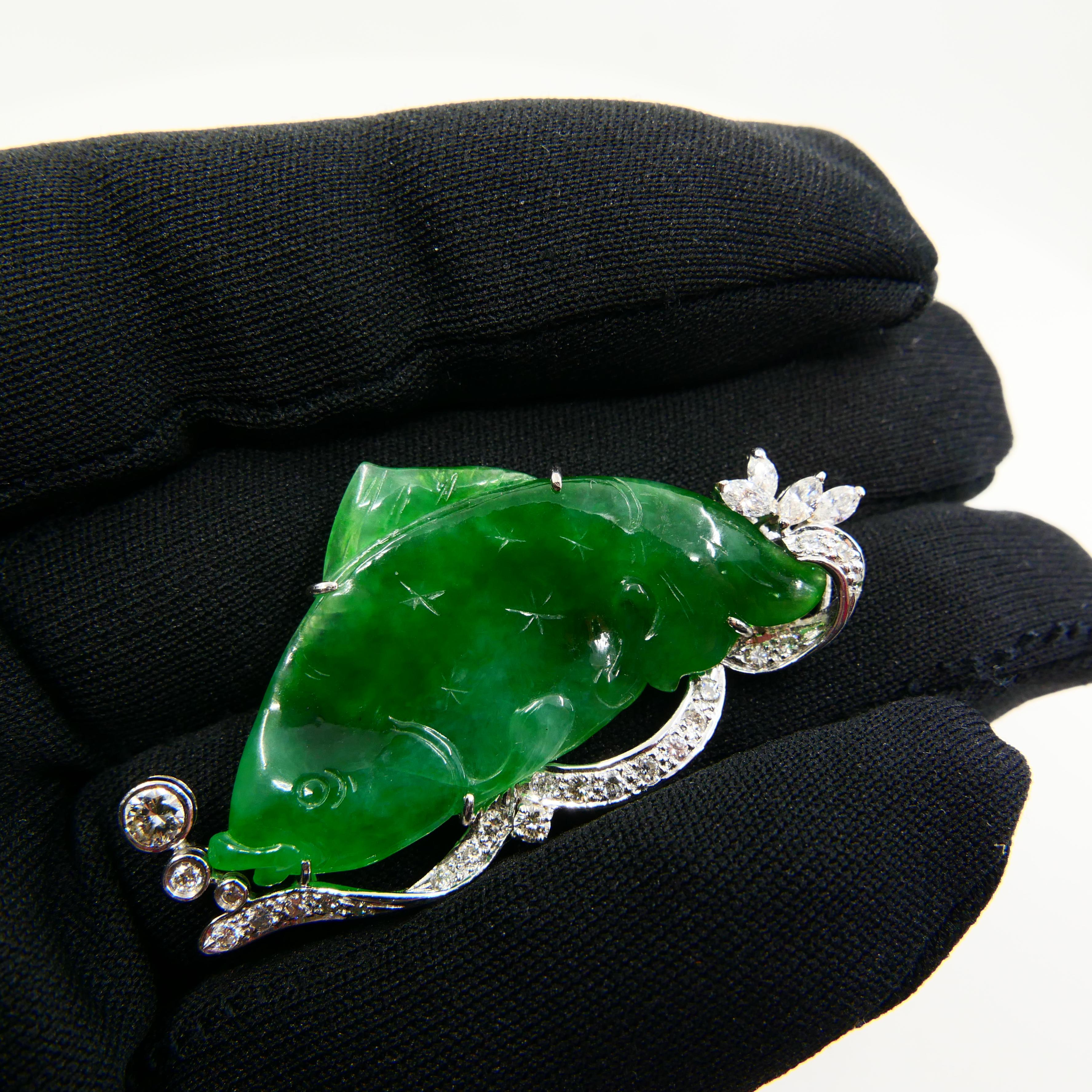 Certified Apple Green Carved Fish Jade & Diamond Brooch, Symbolizes Wealth For Sale 9