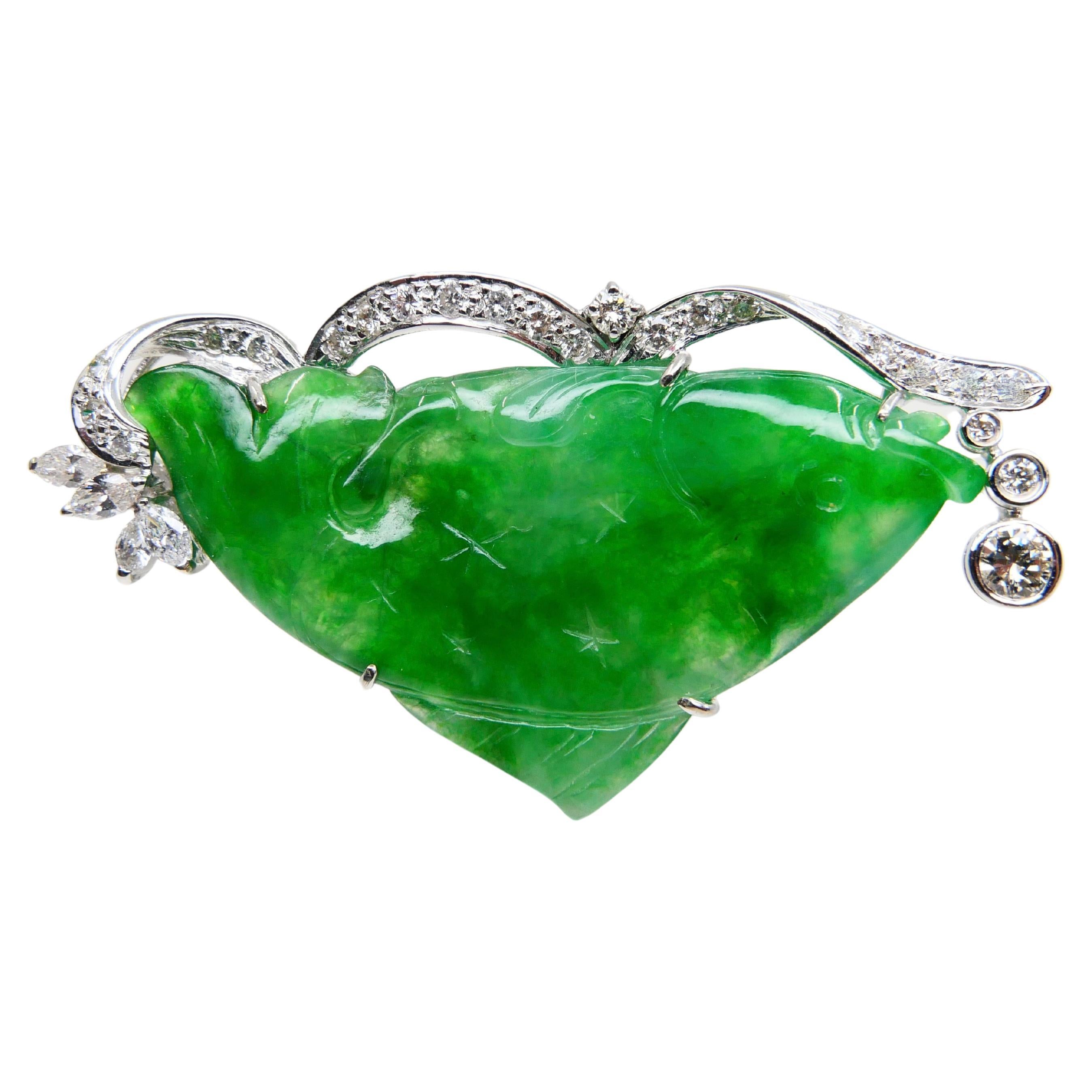 Rough Cut Certified Apple Green Carved Fish Jade & Diamond Brooch, Symbolizes Wealth For Sale