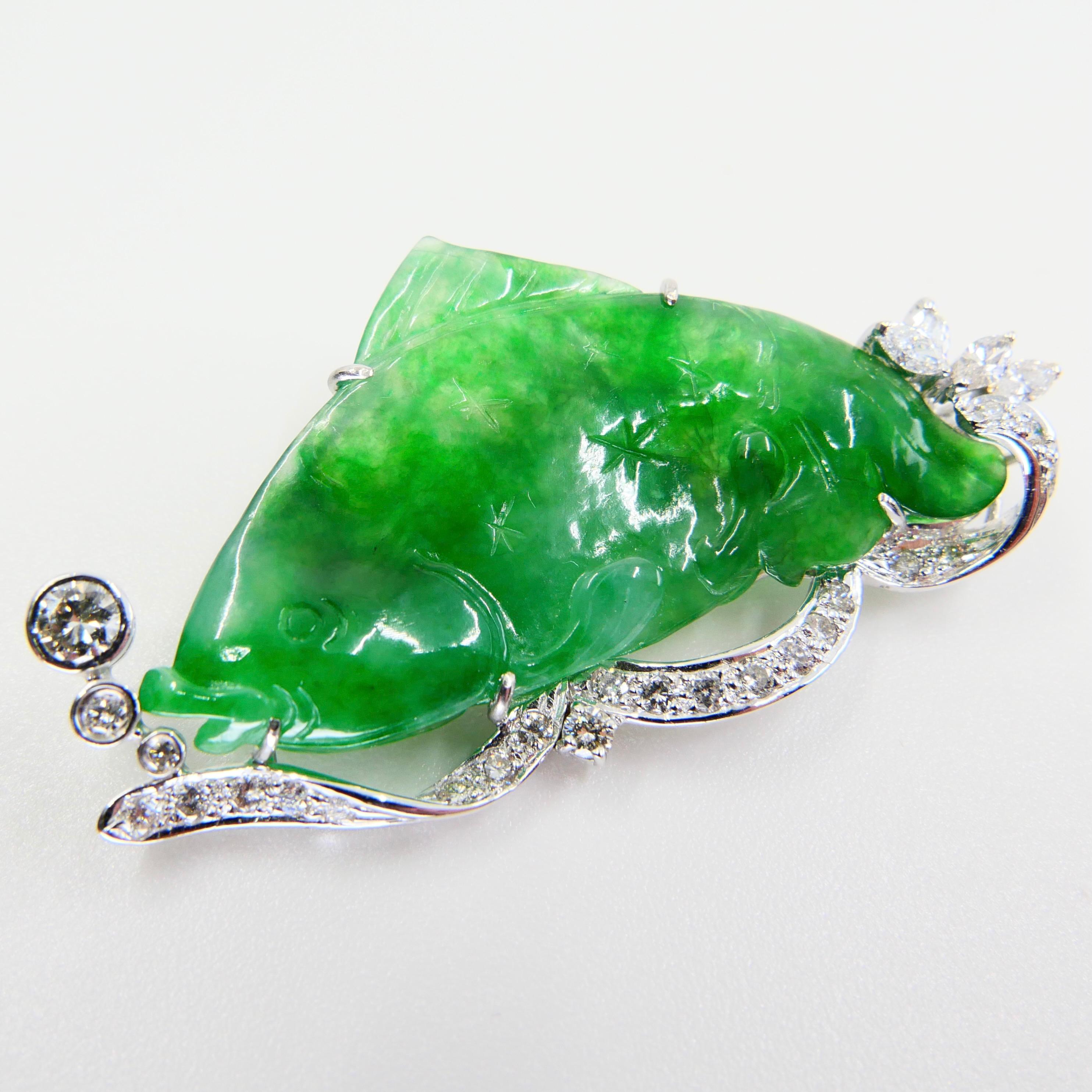 Women's Certified Apple Green Carved Fish Jade & Diamond Brooch, Symbolizes Wealth For Sale