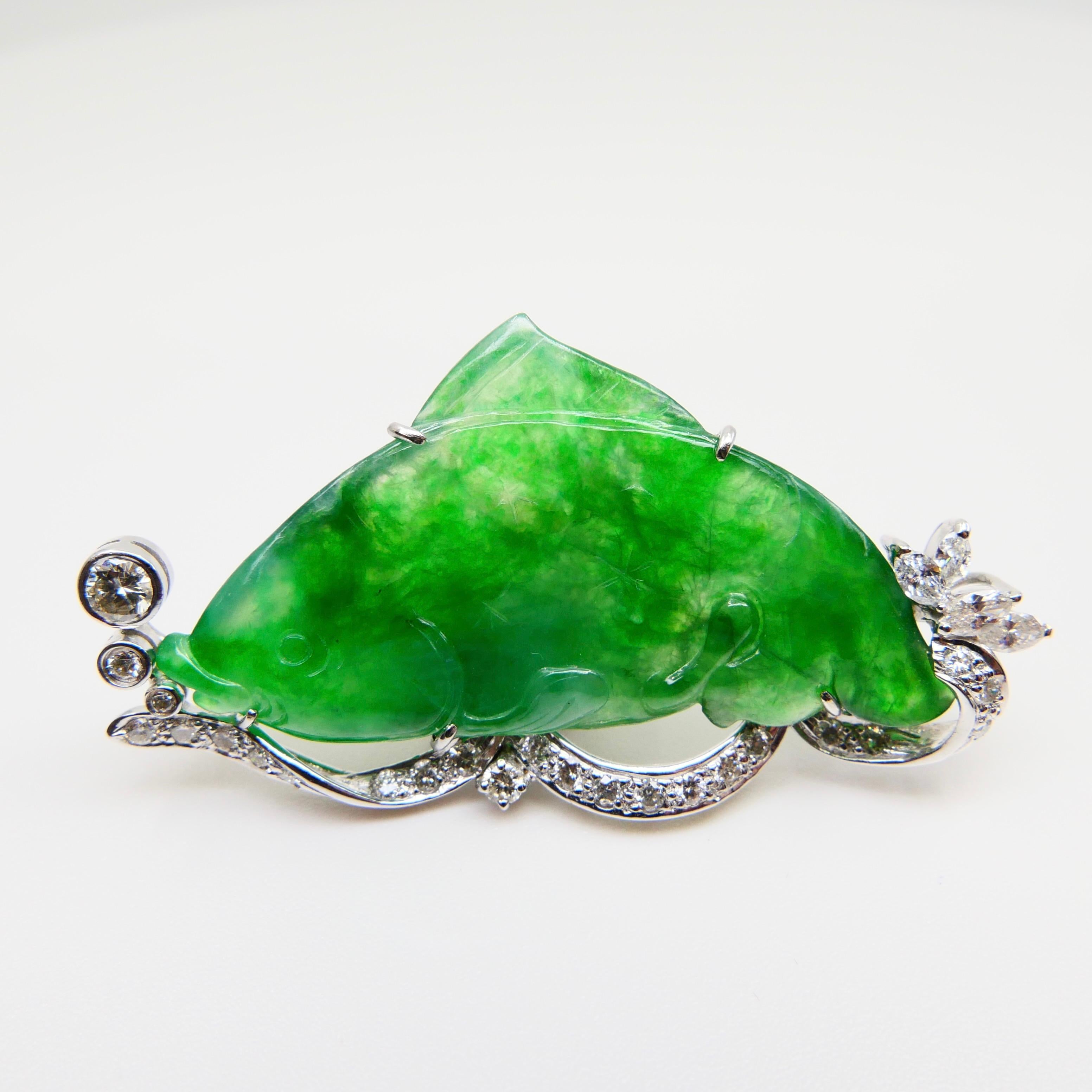 Certified Apple Green Carved Fish Jade & Diamond Brooch, Symbolizes Wealth For Sale 1