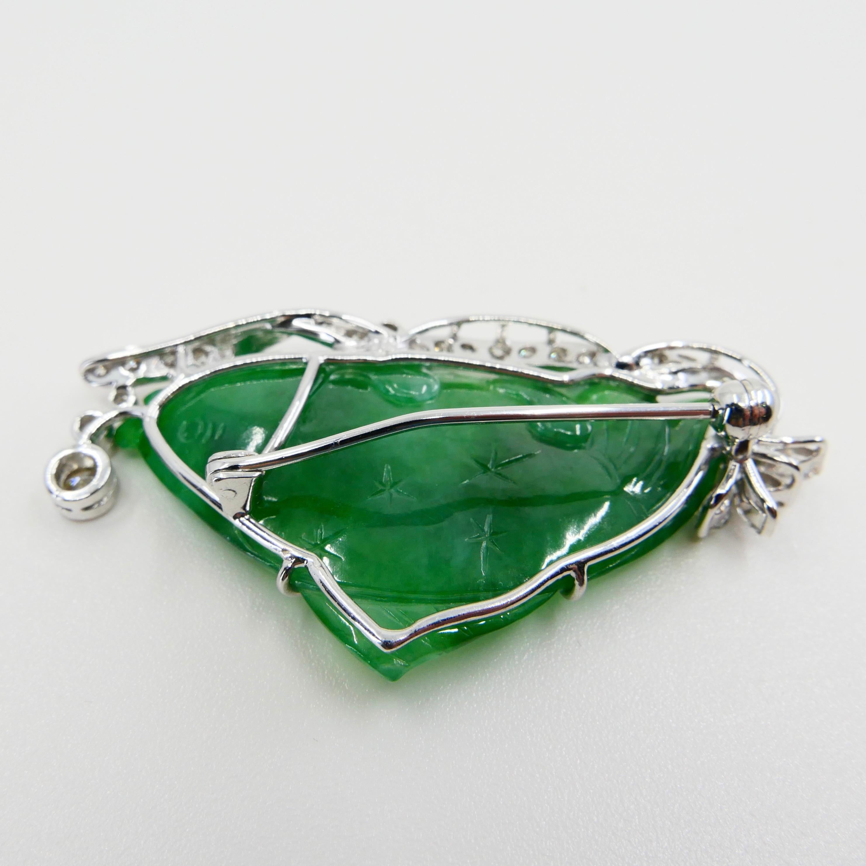 Zertifizierte apfelgrüne geschnitzte Fisch-Jade- und Diamant-Brosche, Symbol für Reichtum im Angebot 4