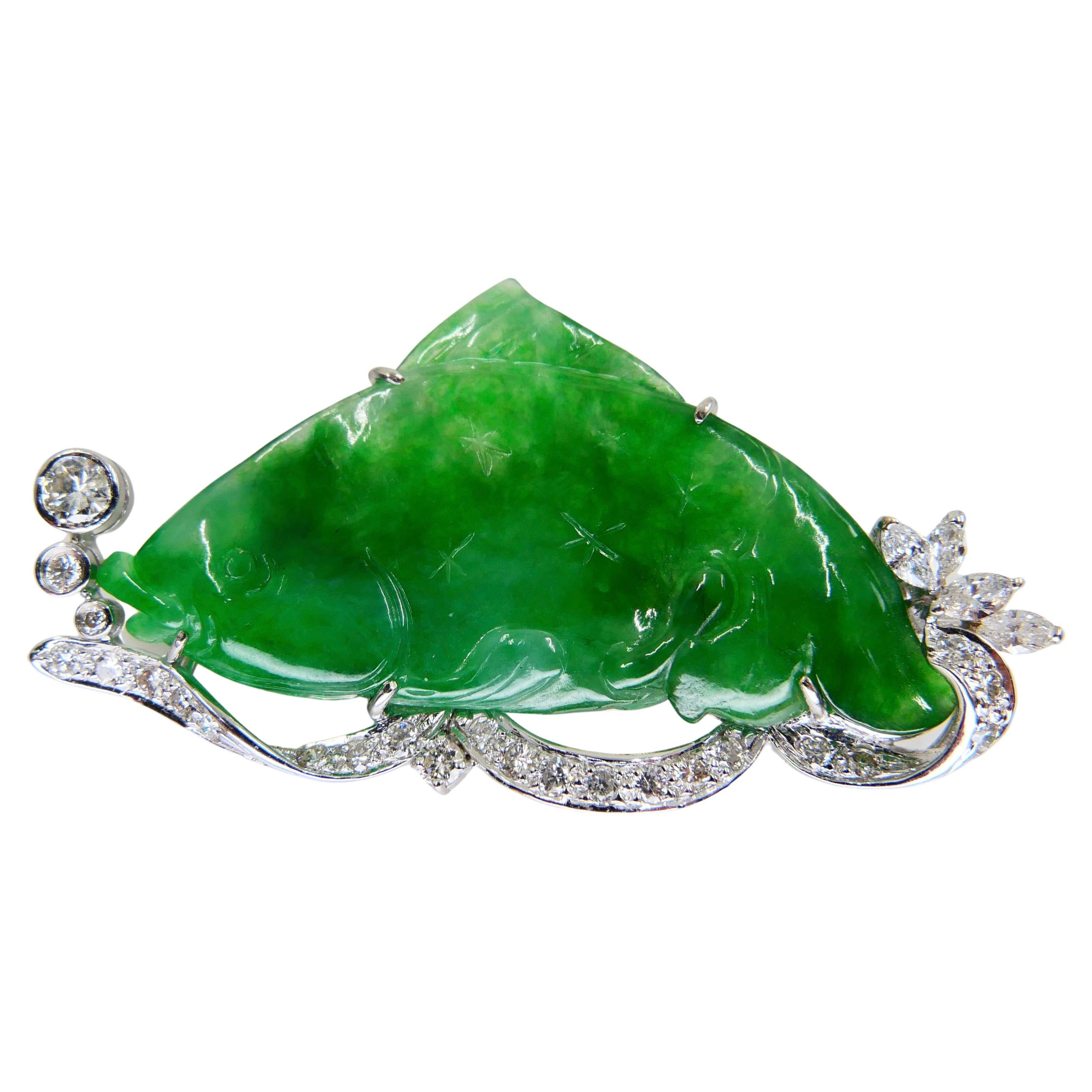 Certified Apple Green Carved Fish Jade & Diamond Brooch, Symbolizes Wealth For Sale