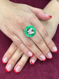 Certified Apple Green Jade 14.24 Cts and Diamond Butterfly Ring, Well Designed