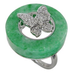 Anello a farfalla con diamante e giada verde mela certificata da 14,24 carati, ben disegnato