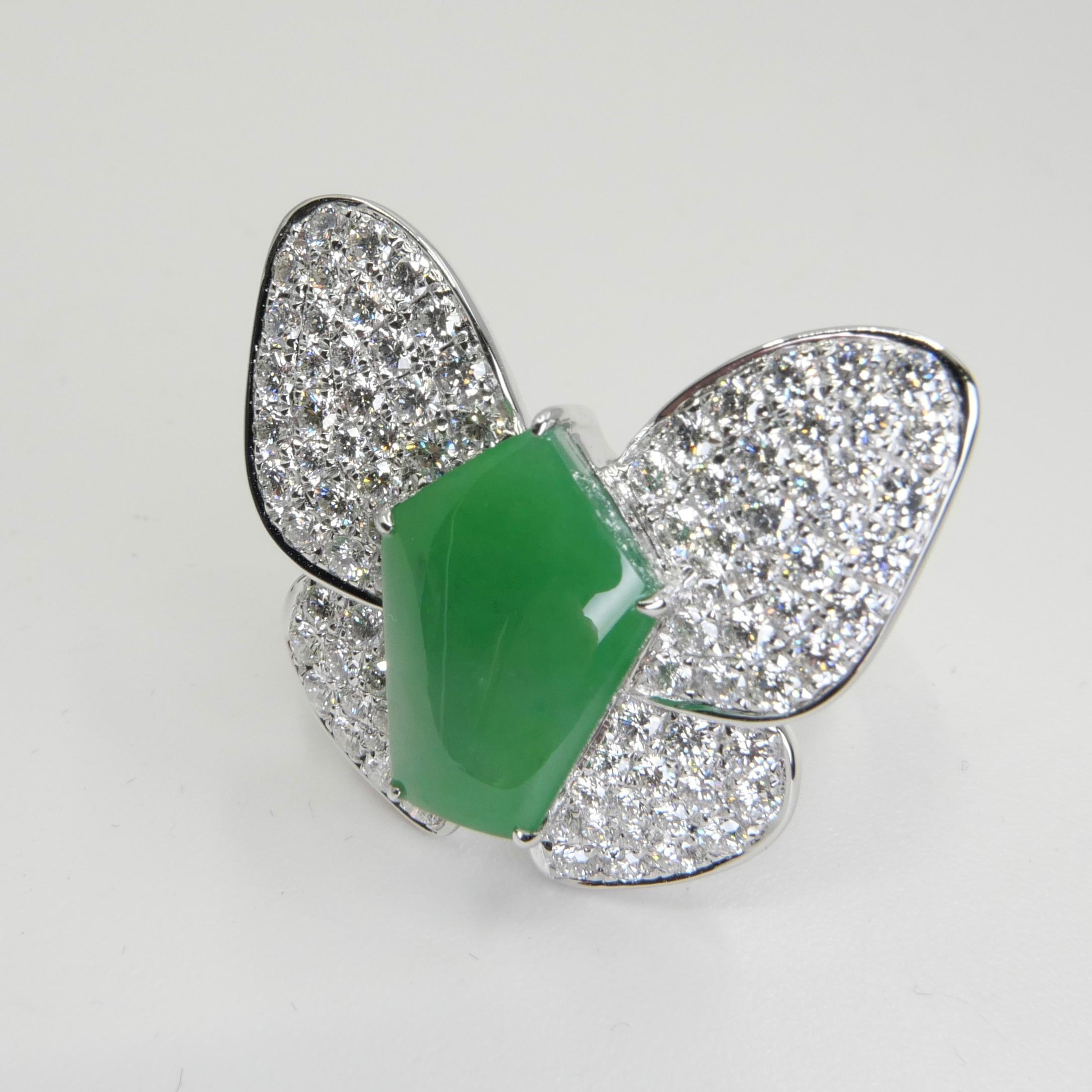 Certified Apple Green Jade & Diamond Butterfly Ring, Huge Statement Ring For Sale 3