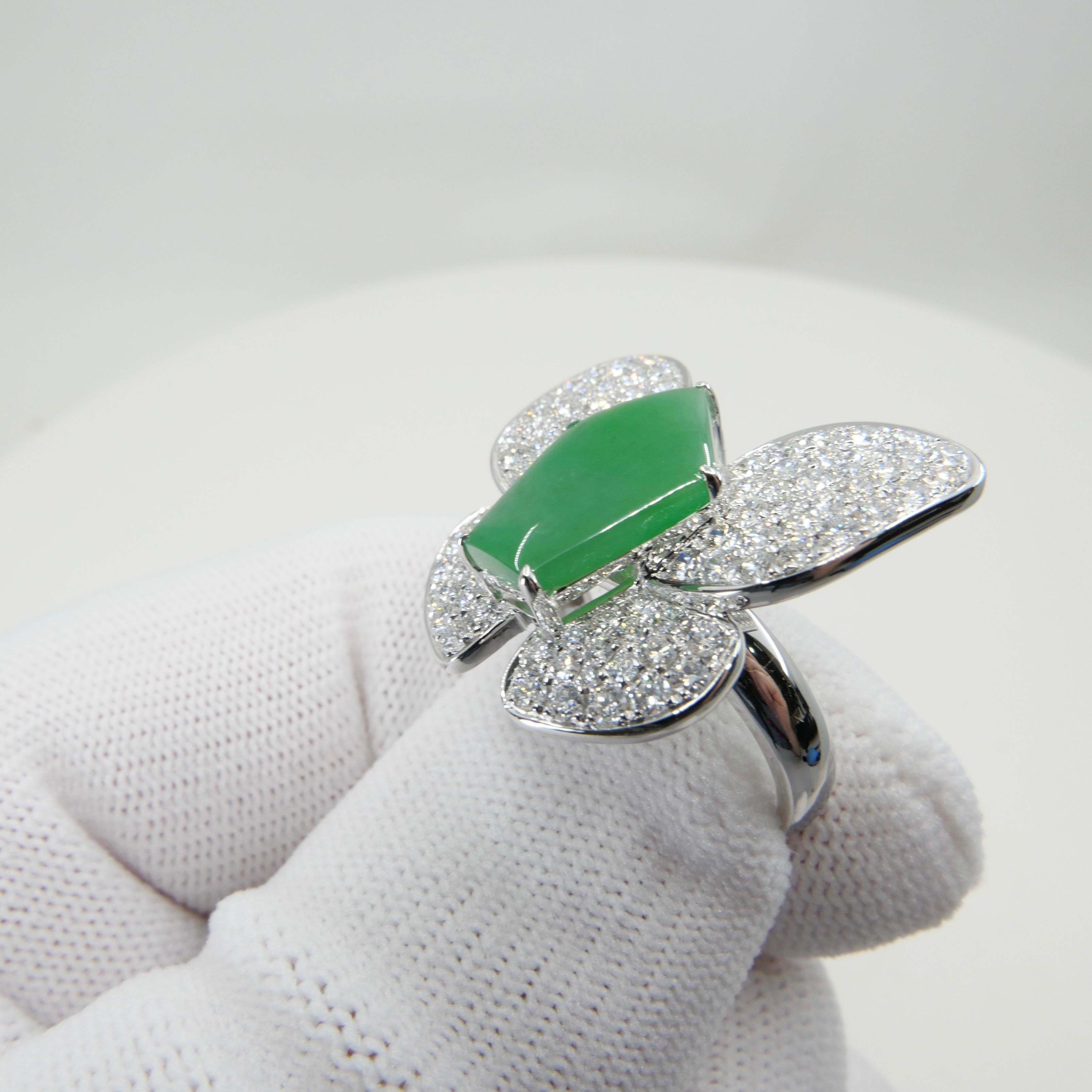 Bague papillon en jade vert pomme certifié et diamants, grande bague fantaisie en vente 8