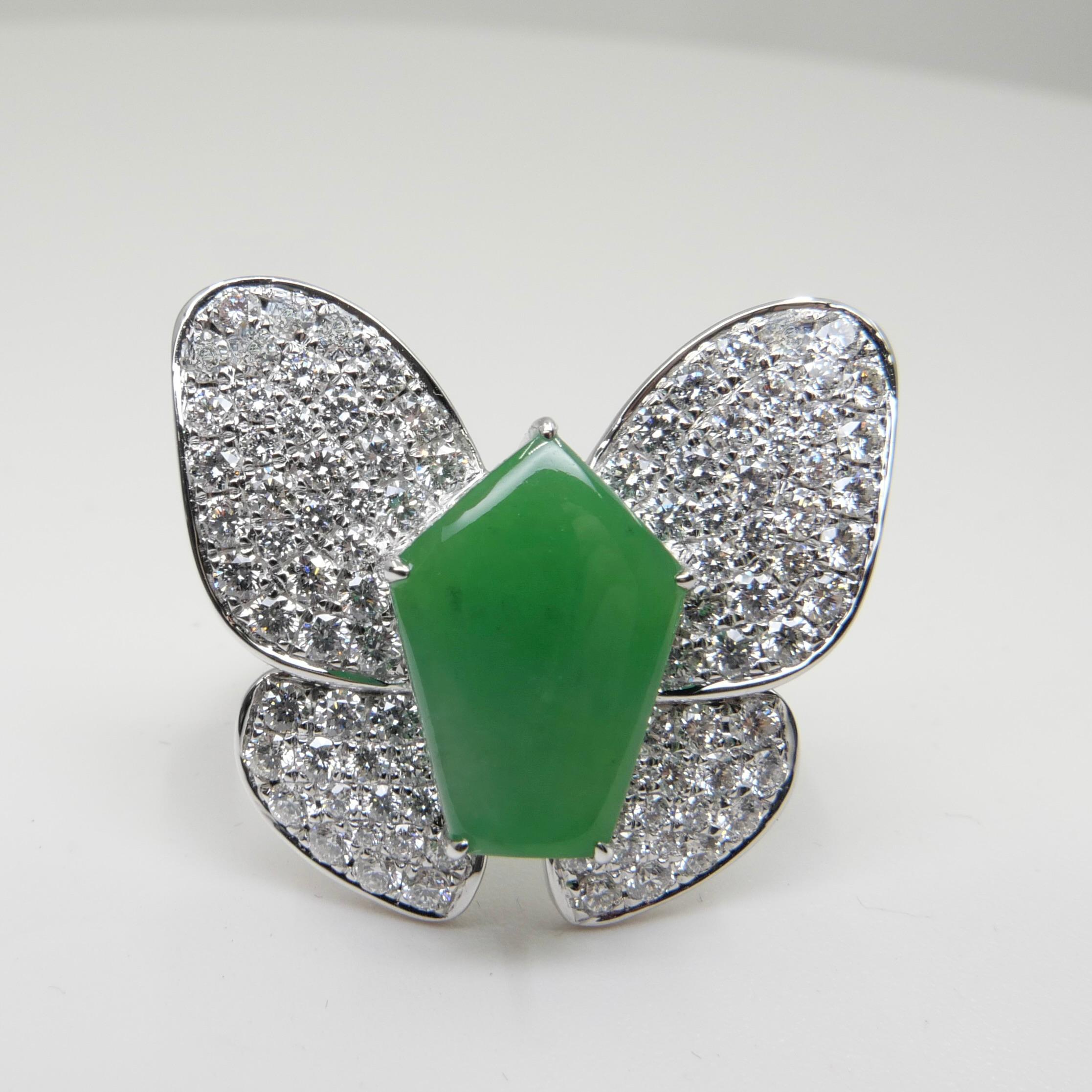 Certified Apple Green Jade & Diamond Butterfly Ring, Huge Statement Ring For Sale 6