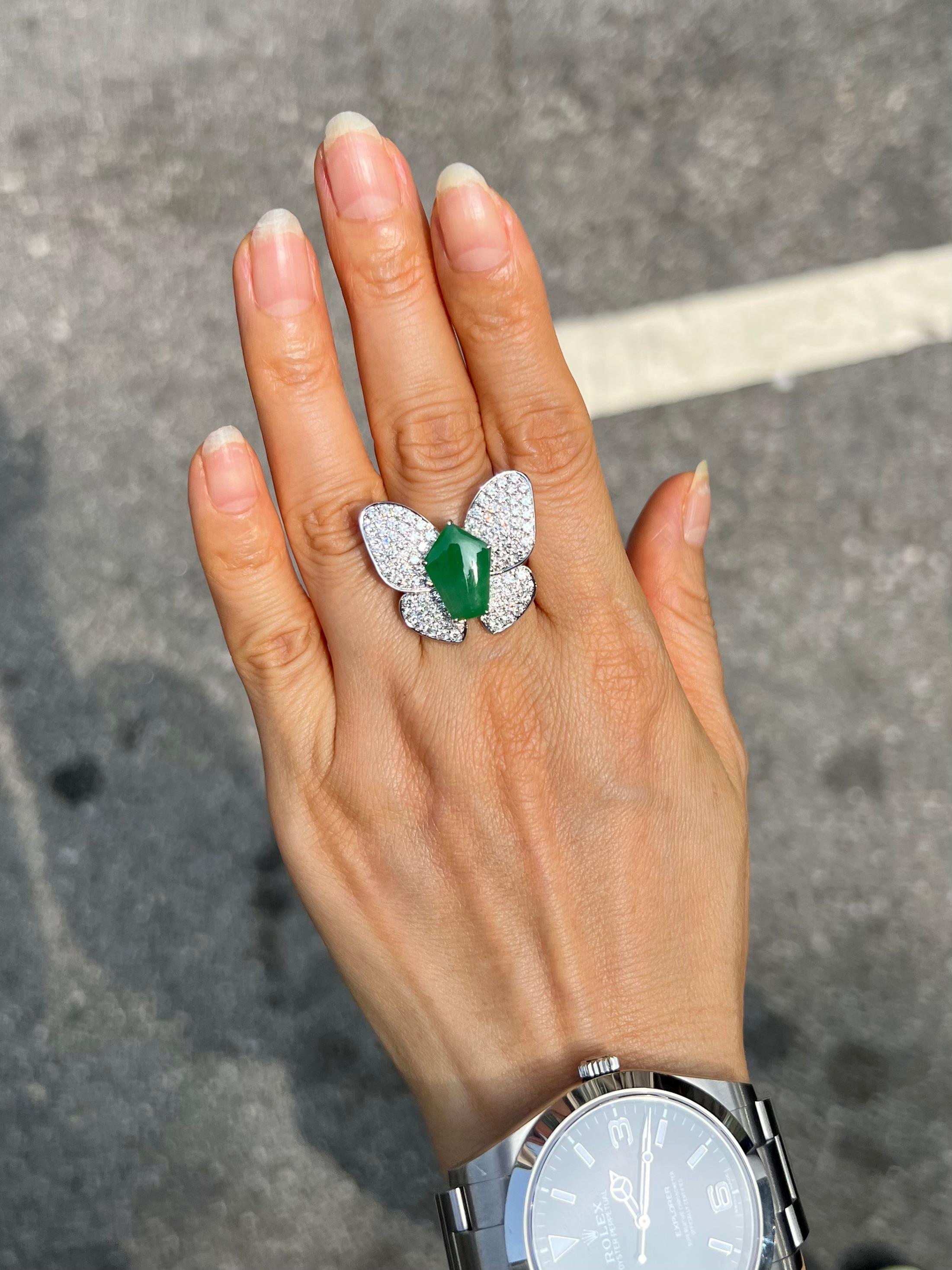 Certified Apple Green Jade & Diamond Butterfly Ring, Huge Statement Ring For Sale 7