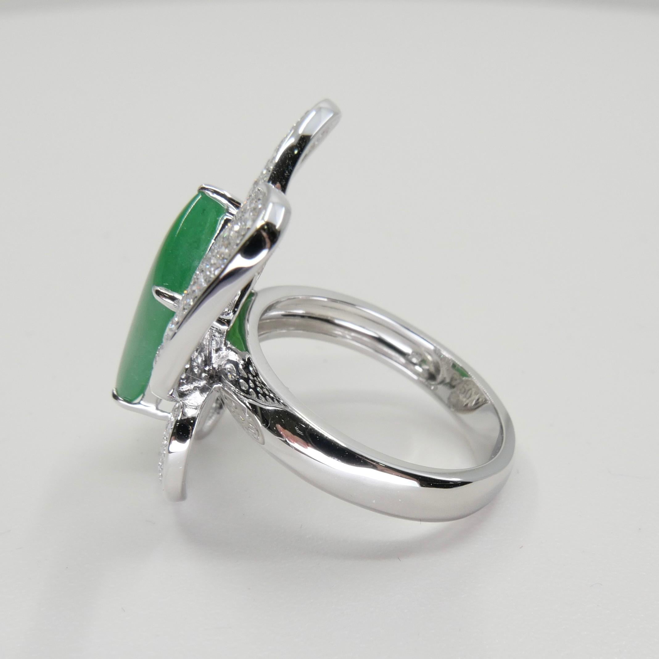 Certified Apple Green Jade & Diamond Butterfly Ring, Huge Statement Ring For Sale 8