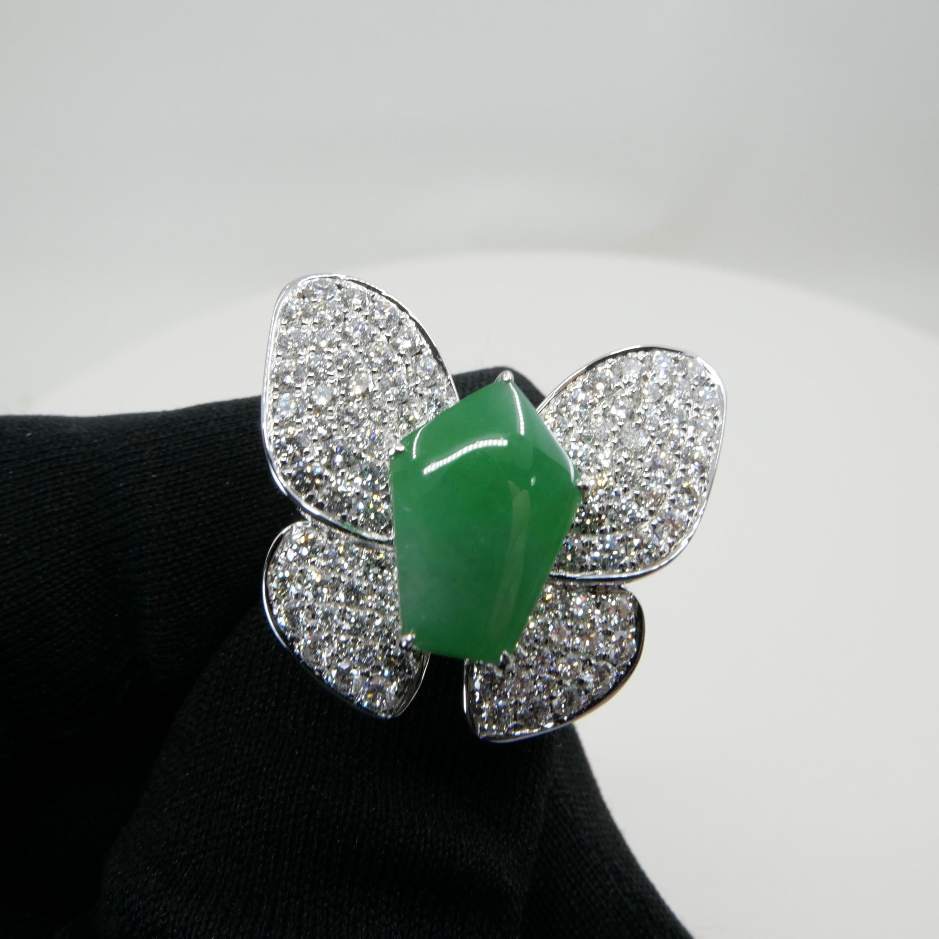 Certified Apple Green Jade & Diamond Butterfly Ring, Huge Statement Ring For Sale 10