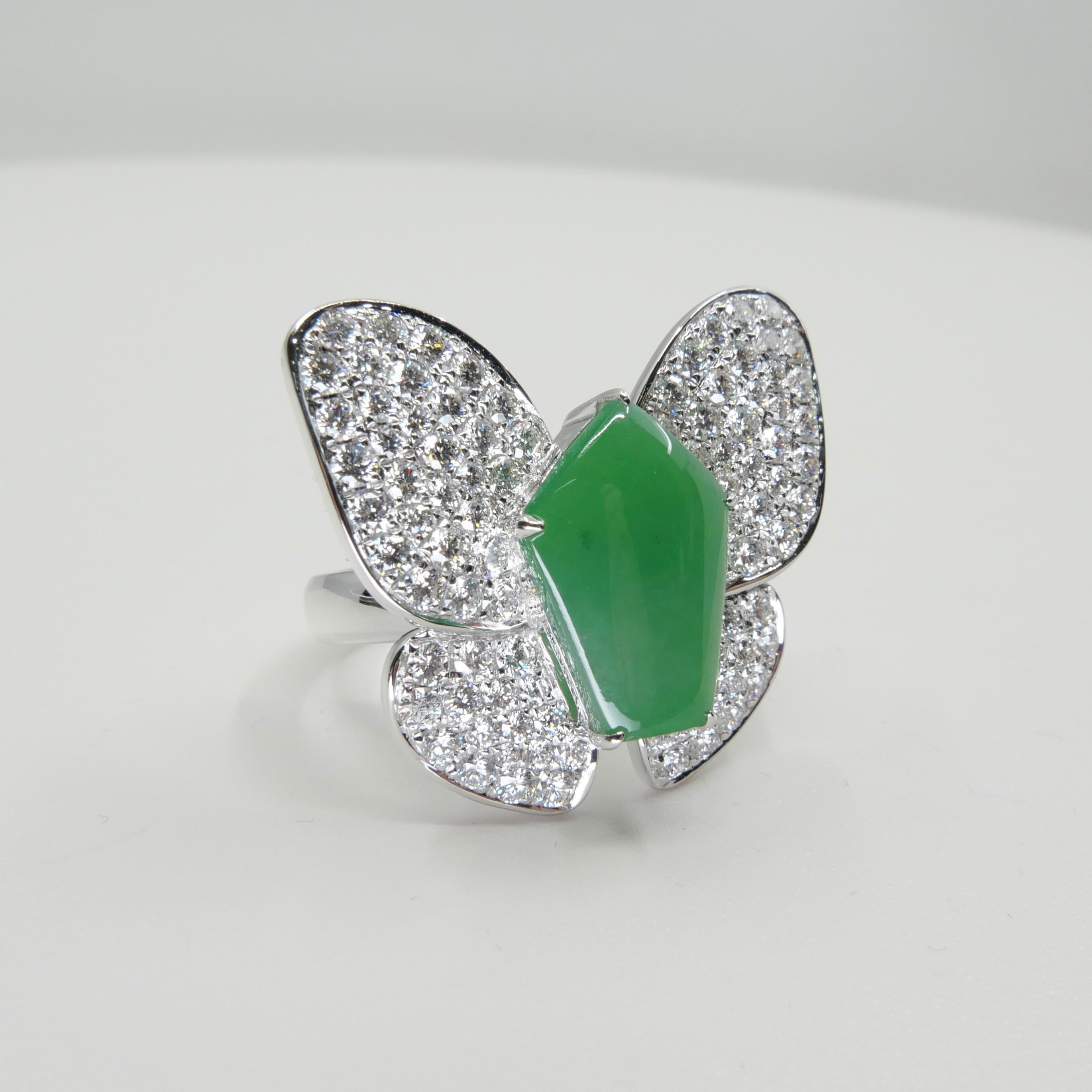 Certified Apple Green Jade & Diamond Butterfly Ring, Huge Statement Ring For Sale 11