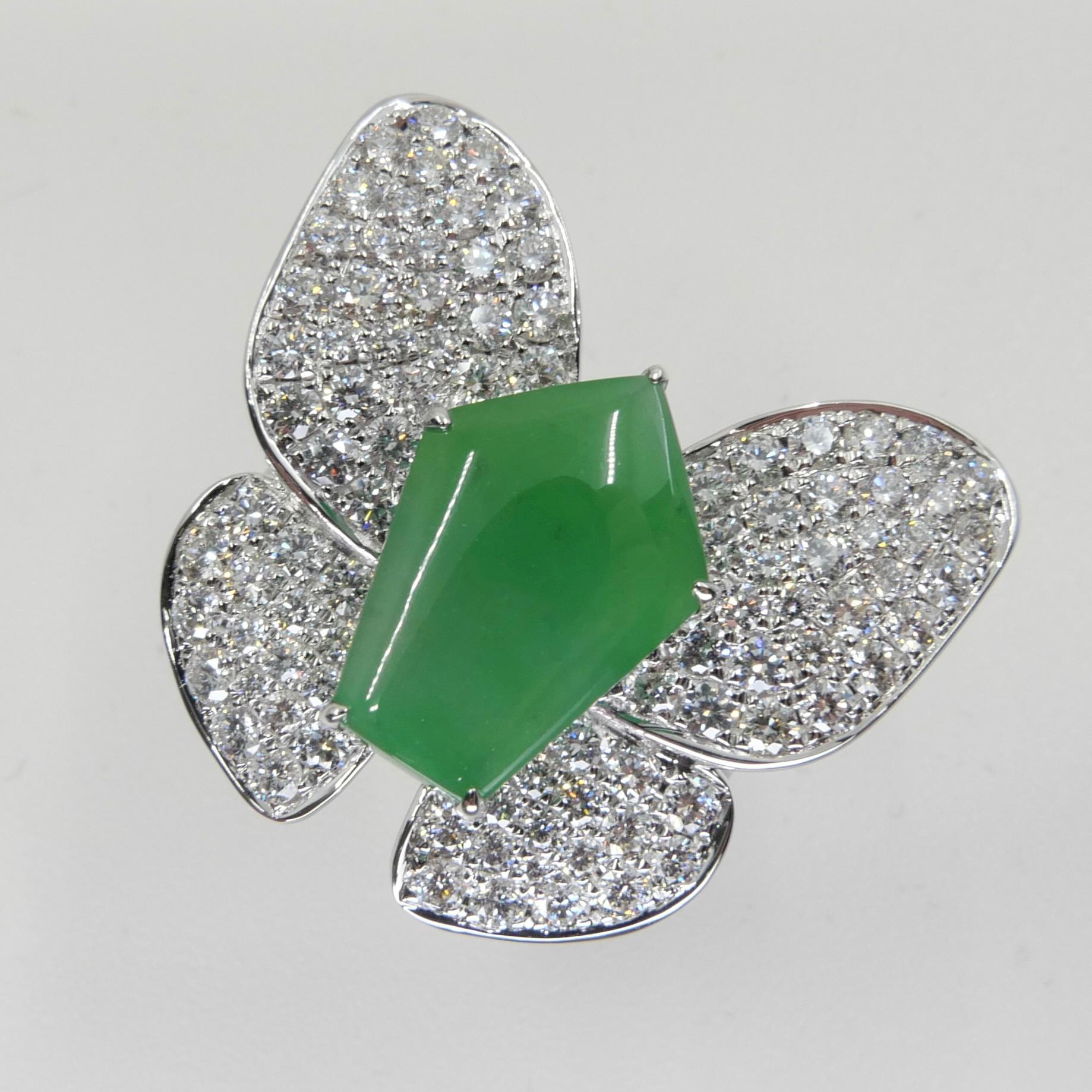 Rough Cut Certified Apple Green Jade & Diamond Butterfly Ring, Huge Statement Ring For Sale
