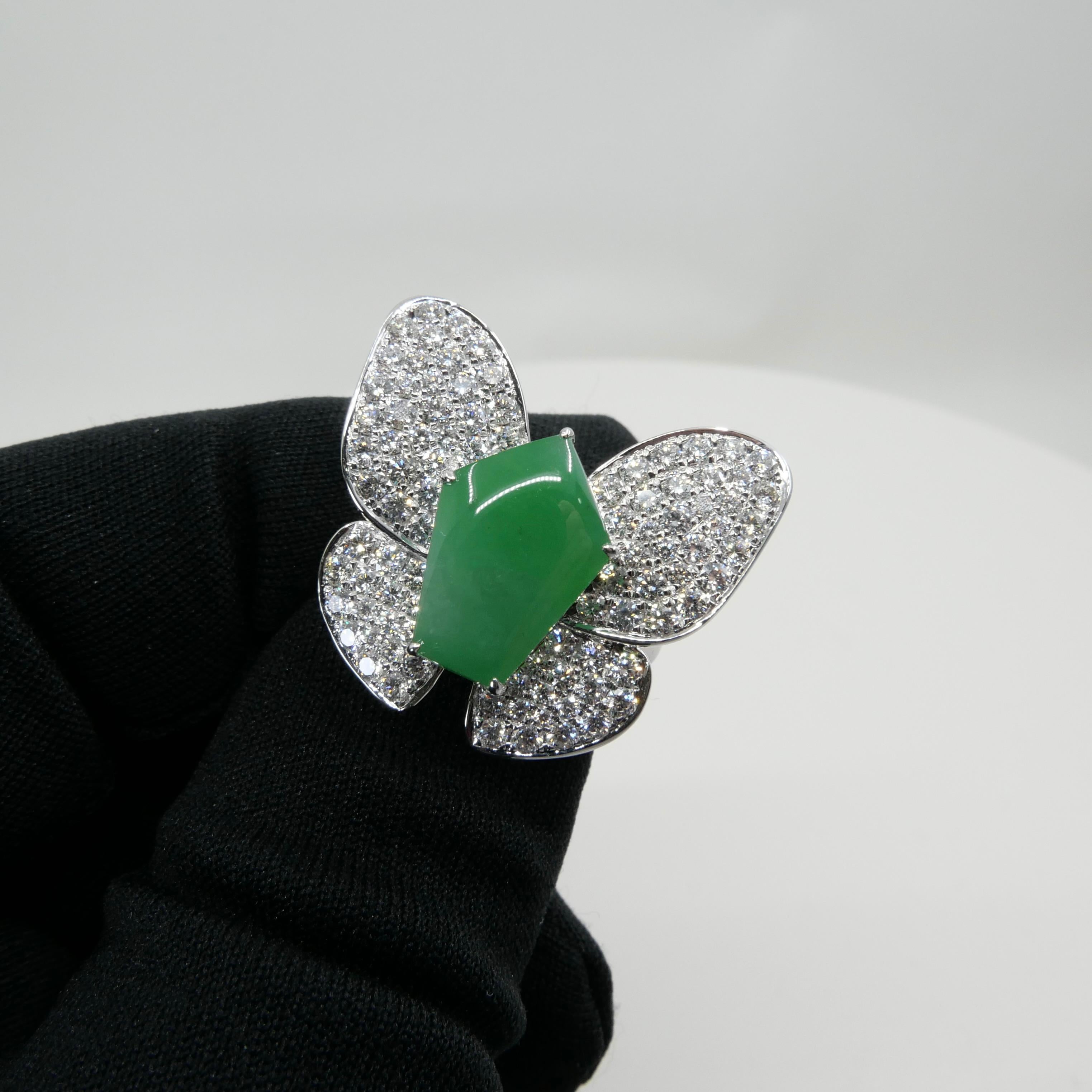 Women's Certified Apple Green Jade & Diamond Butterfly Ring, Huge Statement Ring For Sale