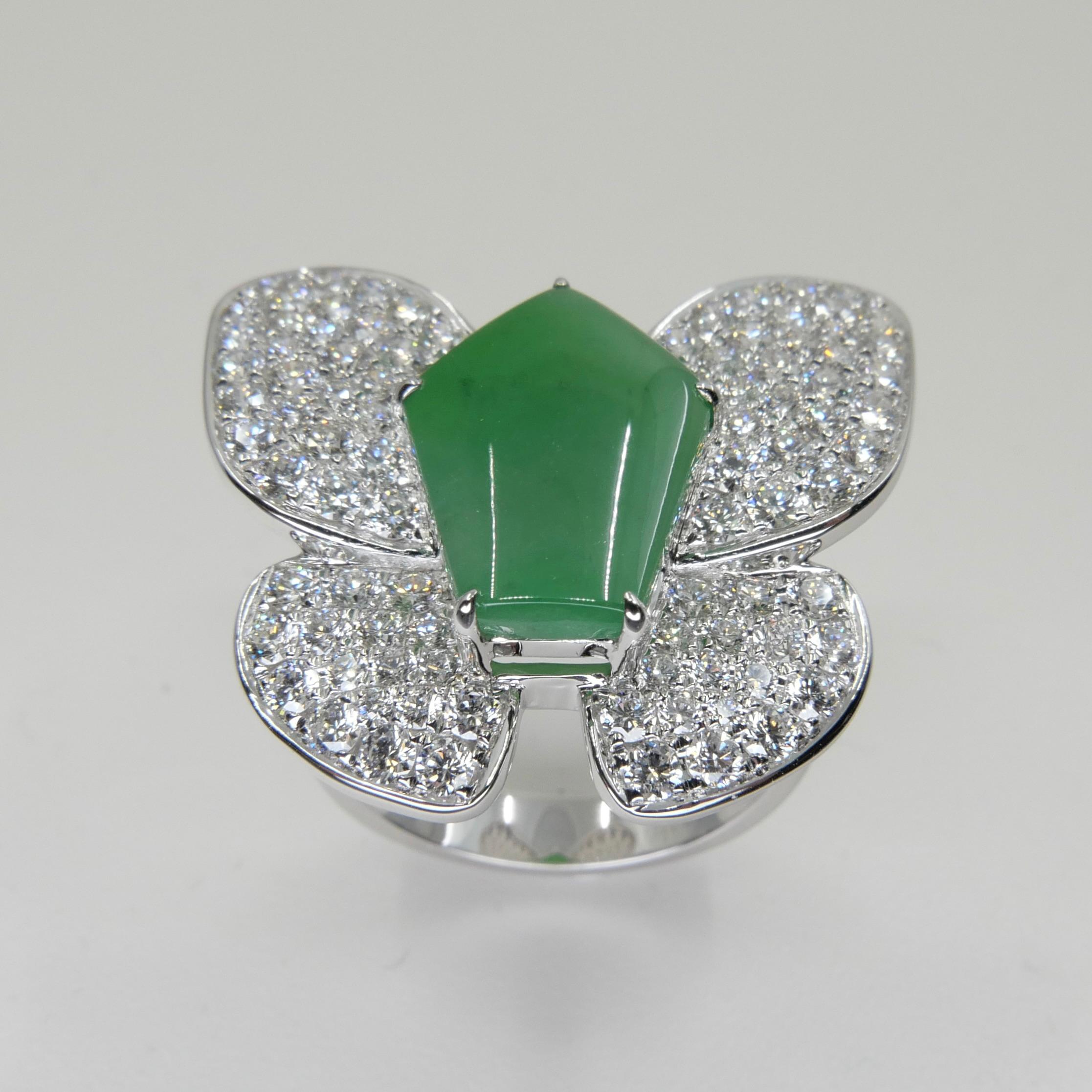 Certified Apple Green Jade & Diamond Butterfly Ring, Huge Statement Ring For Sale 2