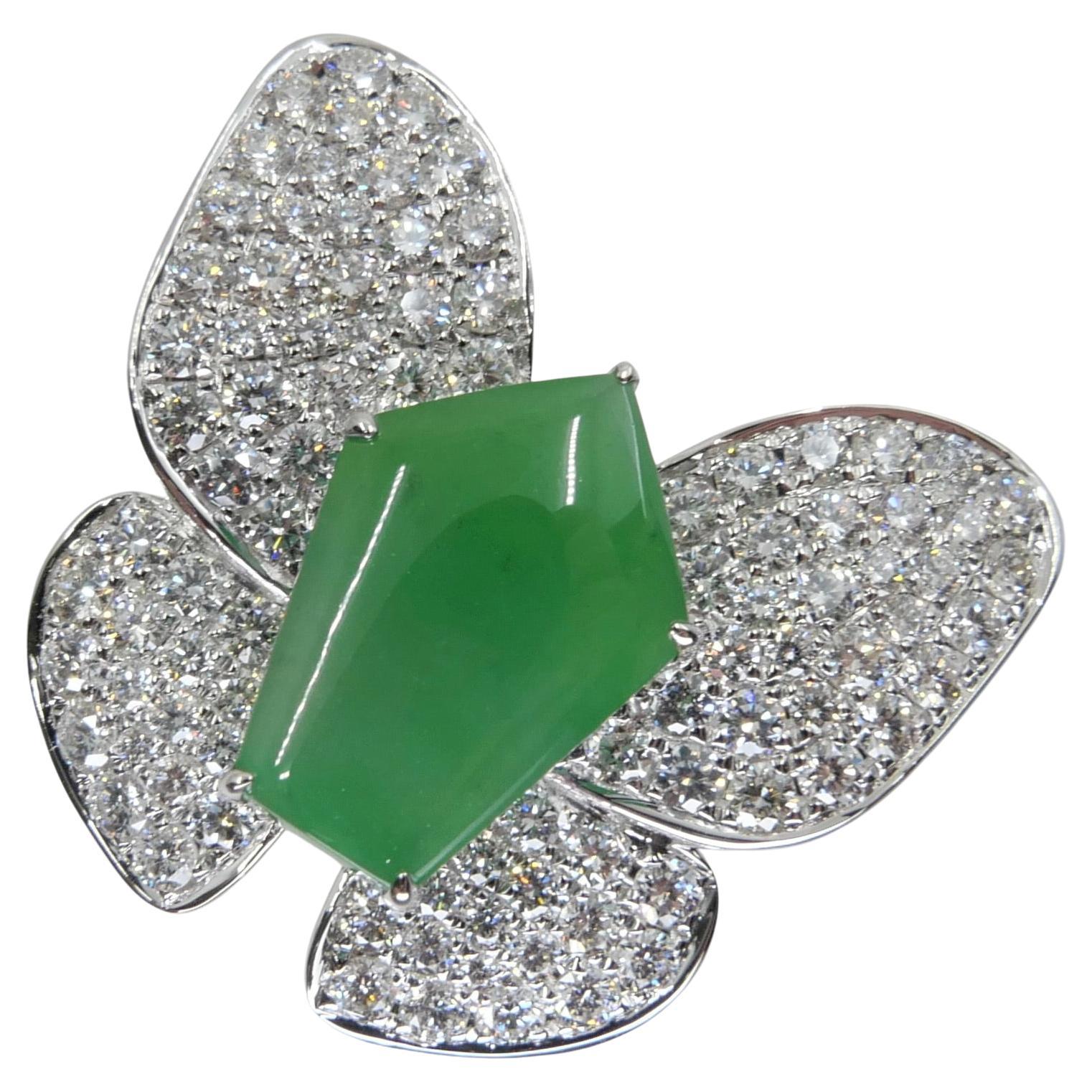 Certified Apple Green Jade & Diamond Butterfly Ring, Huge Statement Ring