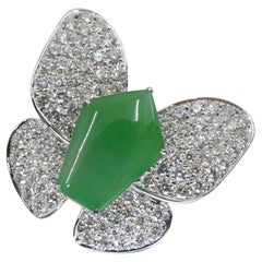 Certified Apple Green Jade & Diamond Butterfly Ring, Huge Statement Ring