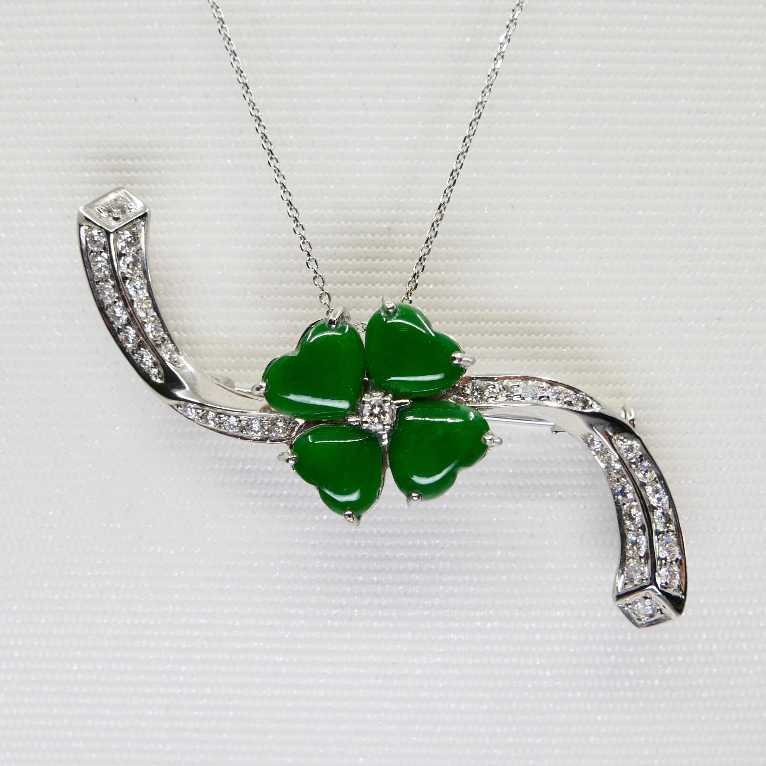 Certified Apple Green Jade & Diamond Lucky 4 Leaf Clover Pendant / Brooch For Sale 3
