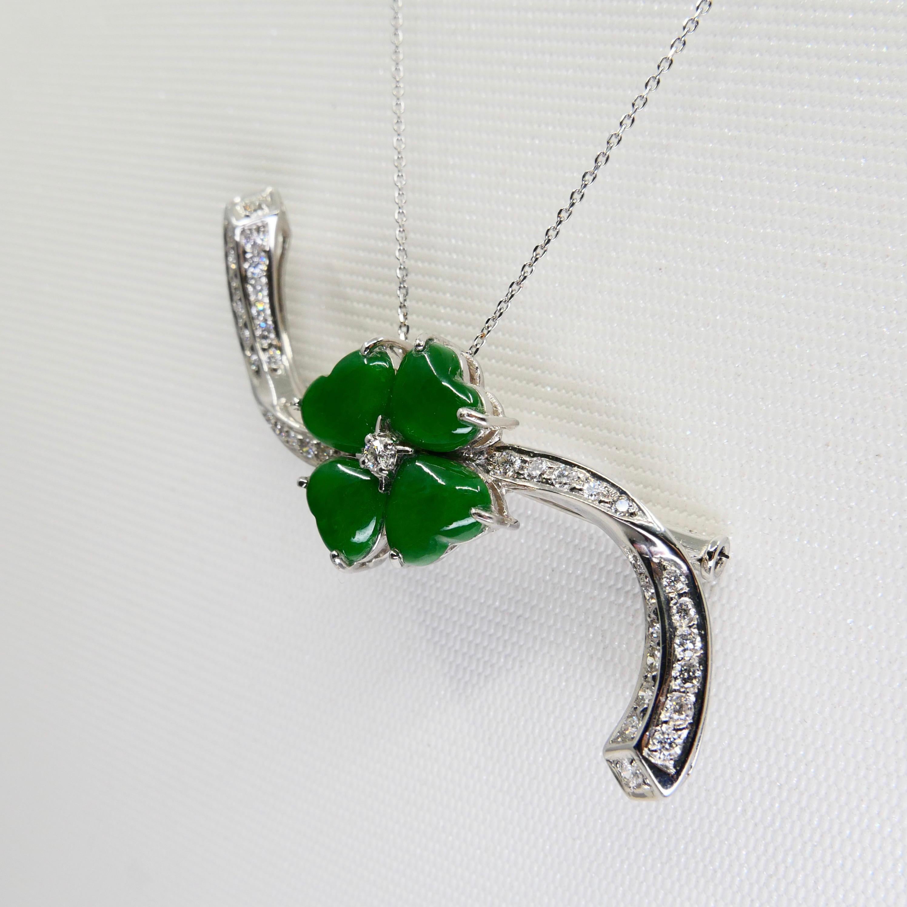Certified Apple Green Jade & Diamond Lucky 4 Leaf Clover Pendant / Brooch For Sale 4