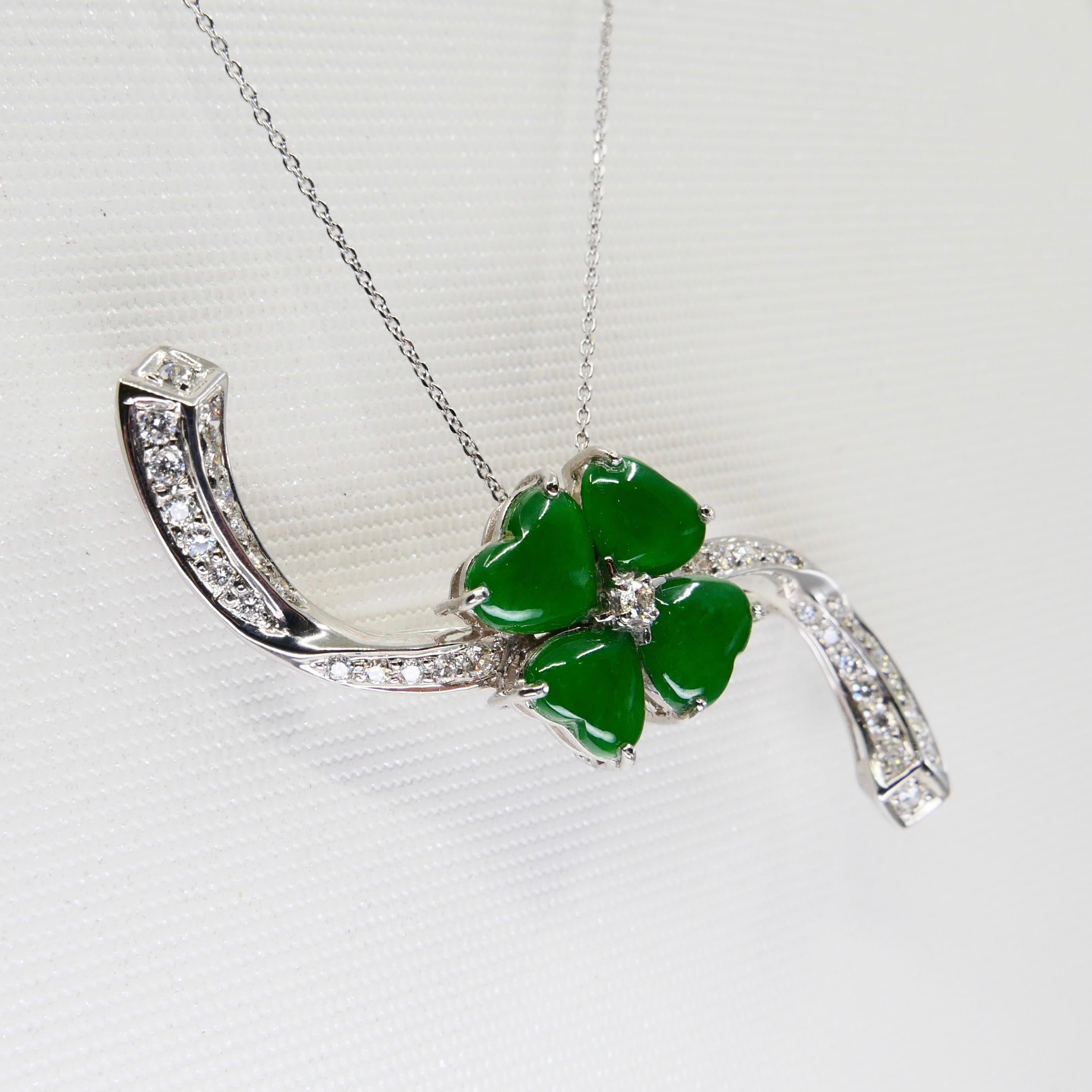 Certified Apple Green Jade & Diamond Lucky 4 Leaf Clover Pendant / Brooch For Sale 5