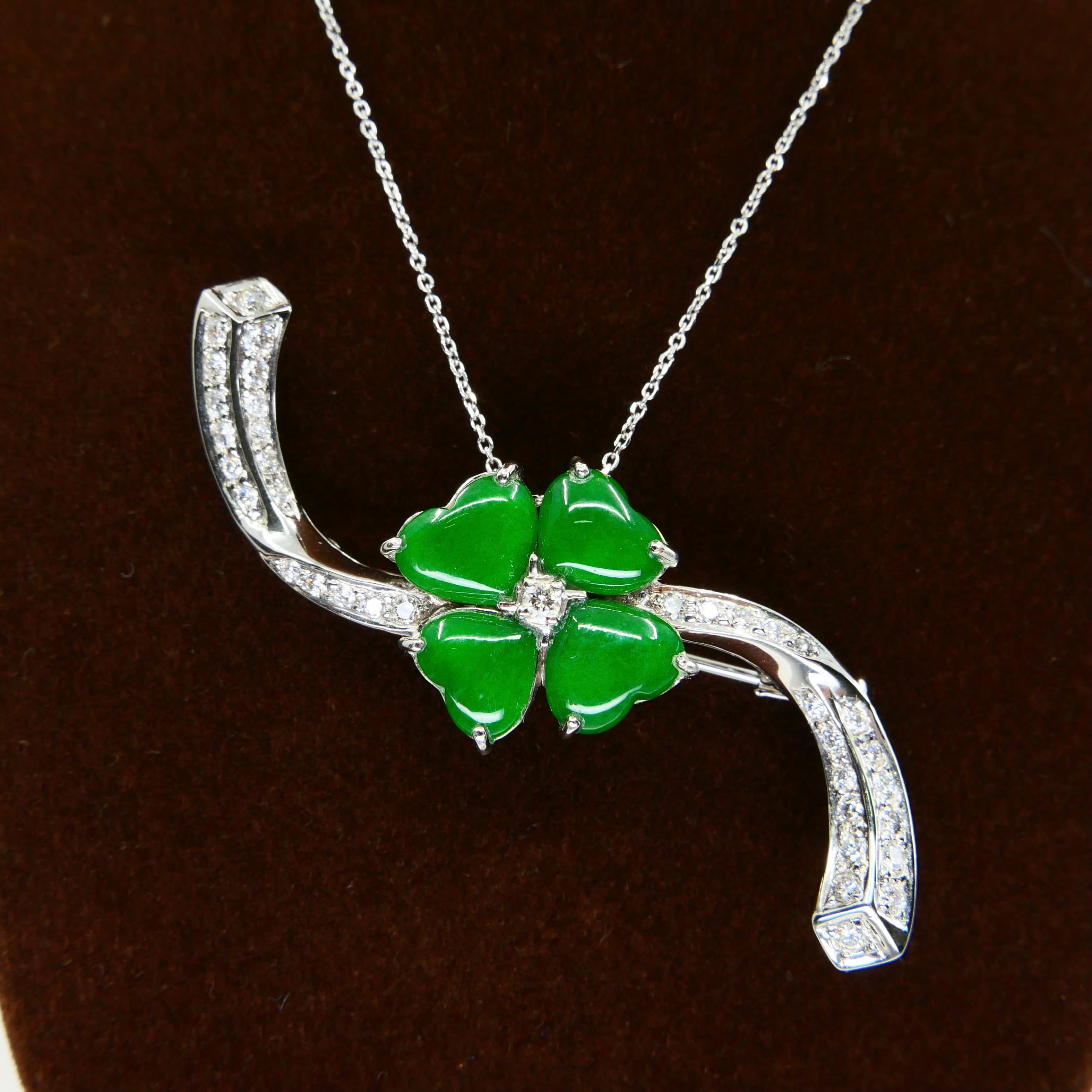 Certified Apple Green Jade & Diamond Lucky 4 Leaf Clover Pendant / Brooch For Sale 7