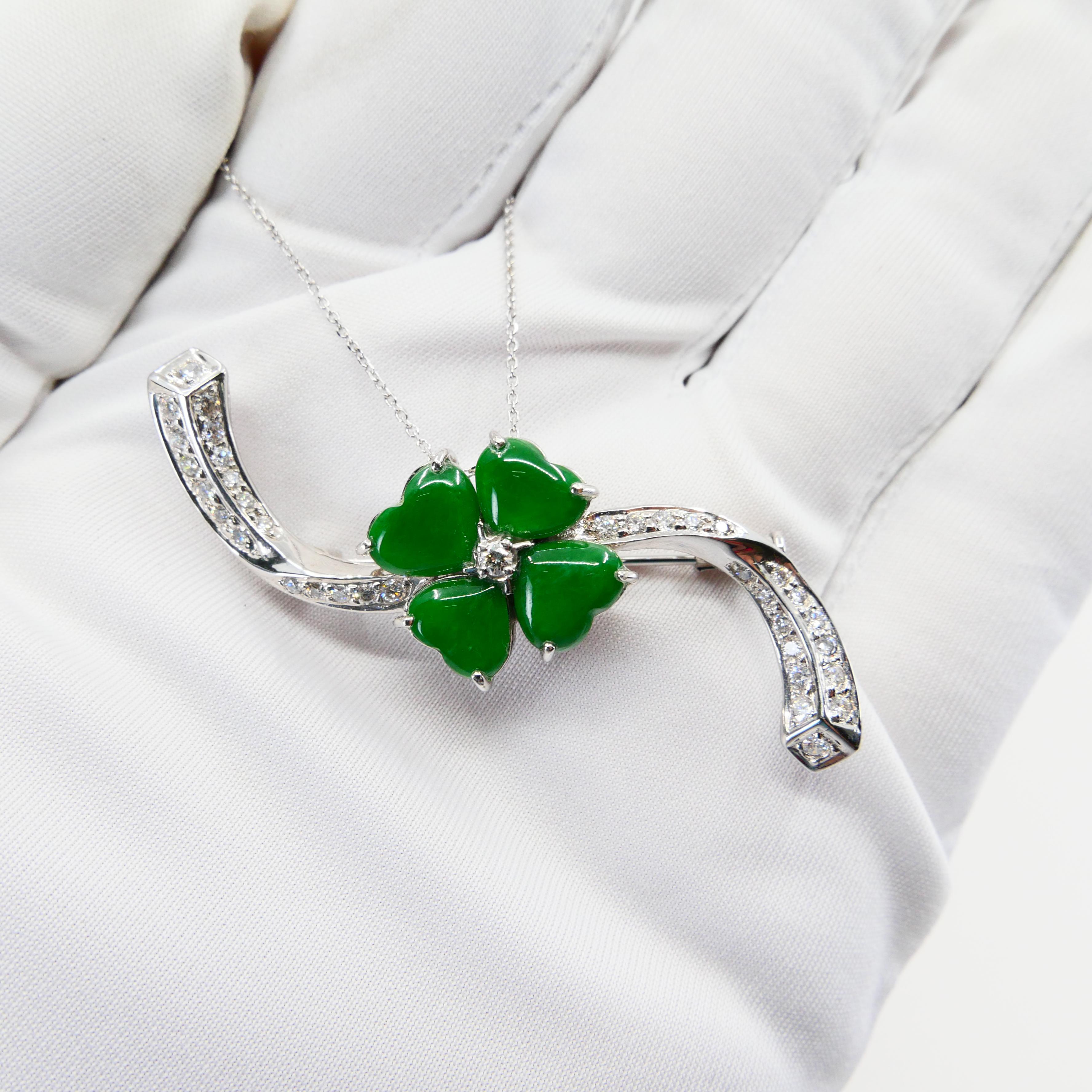 Certified Apple Green Jade & Diamond Lucky 4 Leaf Clover Pendant / Brooch For Sale 8